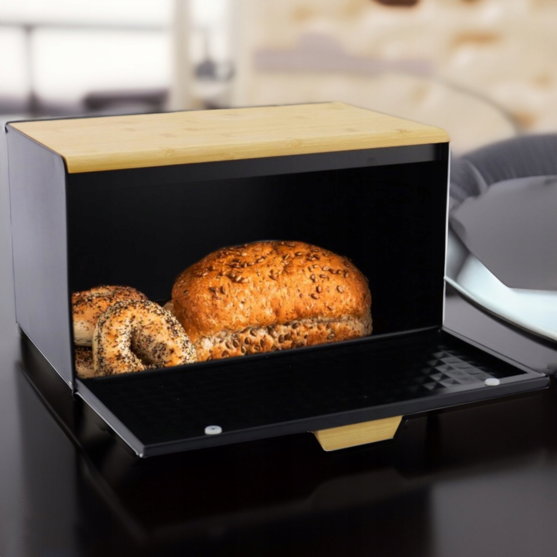 Chlebak pojemnik na pieczywo na chleb bułki stalowy deska bambusowa czarny