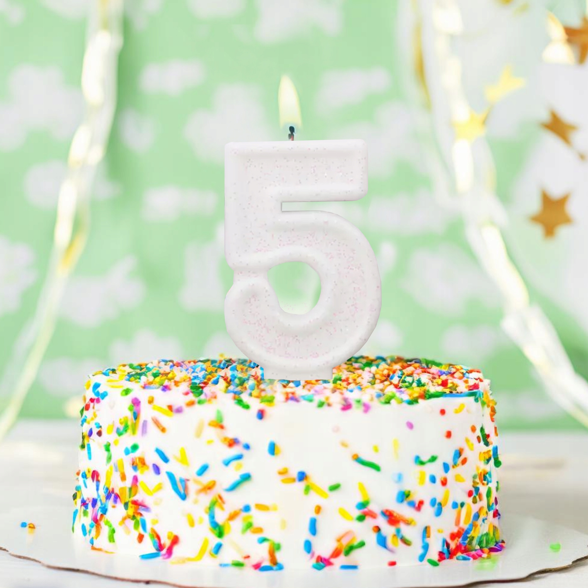 ŚWIECZKA URODZINOWA LICZBA 5 PIĘĆ BIAŁA BROKATOWA NA TORT CYFRA PIĄTKA