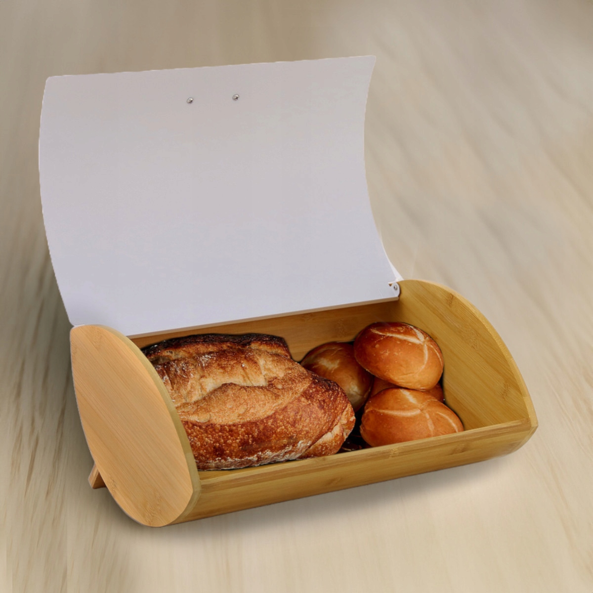 Chlebak pojemnik na pieczywo na chleb bułki stalowy bambusowy biały