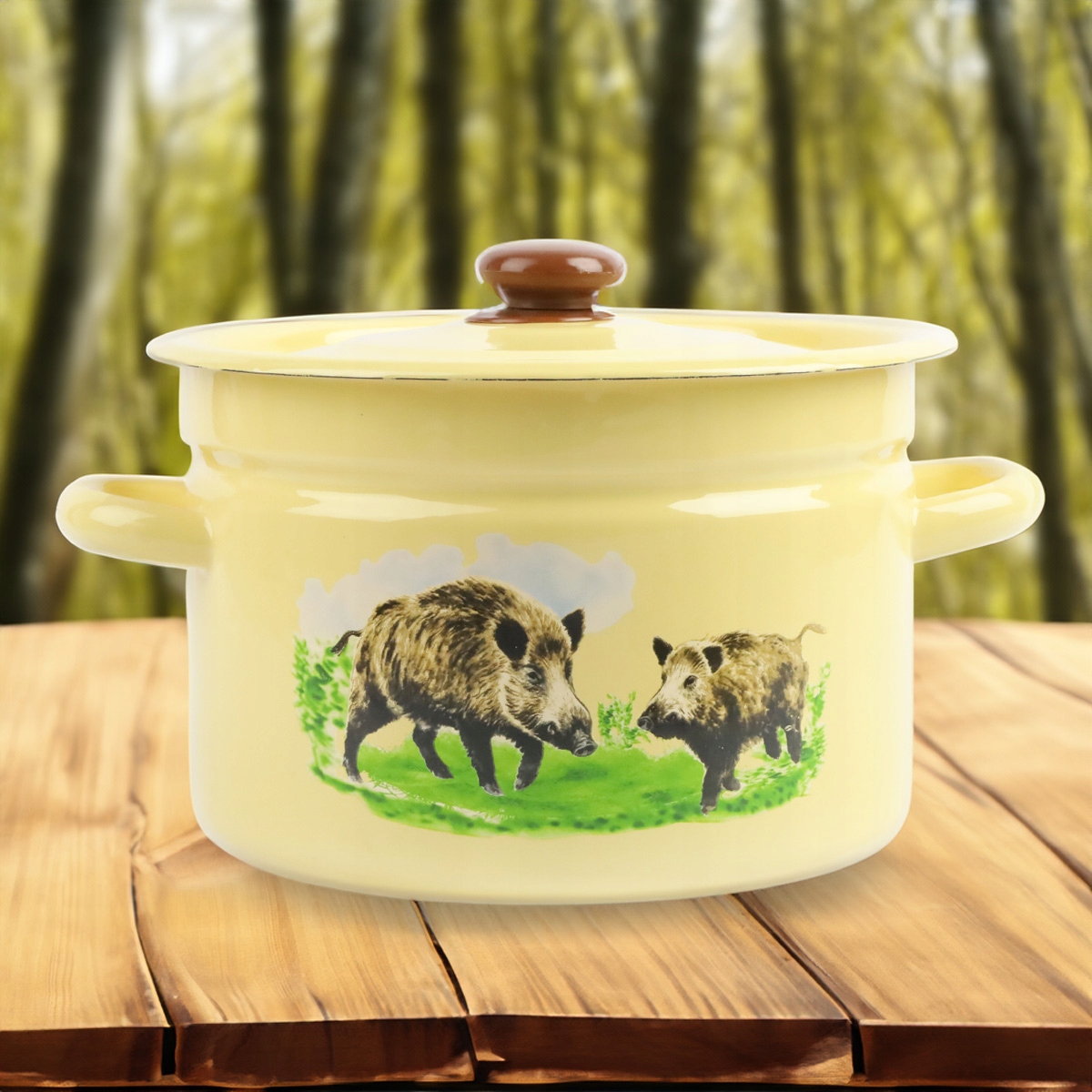 GARNEK EMALIOWANY 9 L Z POKRYWKĄ WZÓR DZIK DO GOTOWANIA POTRAW PRZETWORÓW