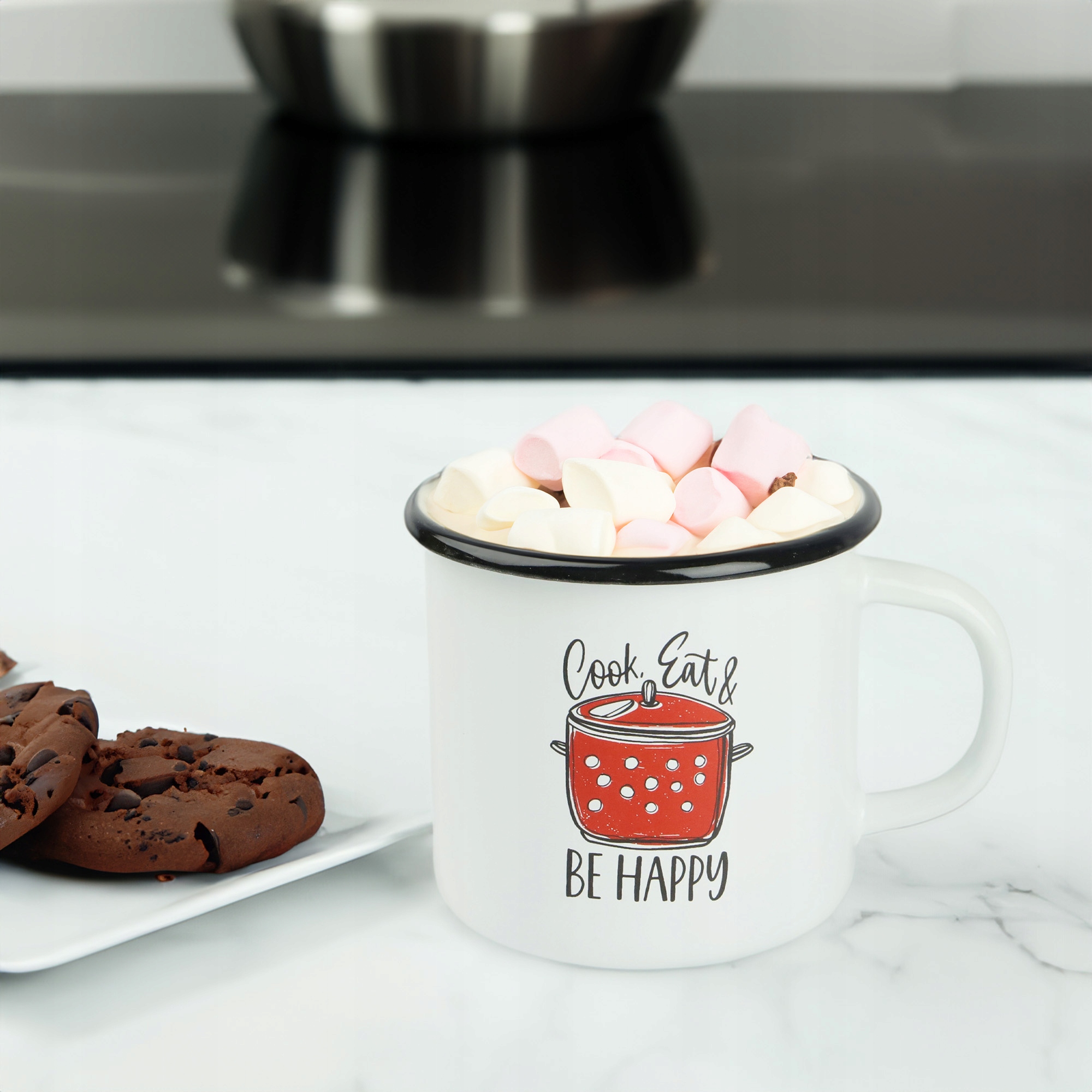 KUBEK EMALIOWANY PROSTY BE HAPPY 500 ML NA KAWĘ HERBATĘ CZEKOLADĘ SOLIDNY