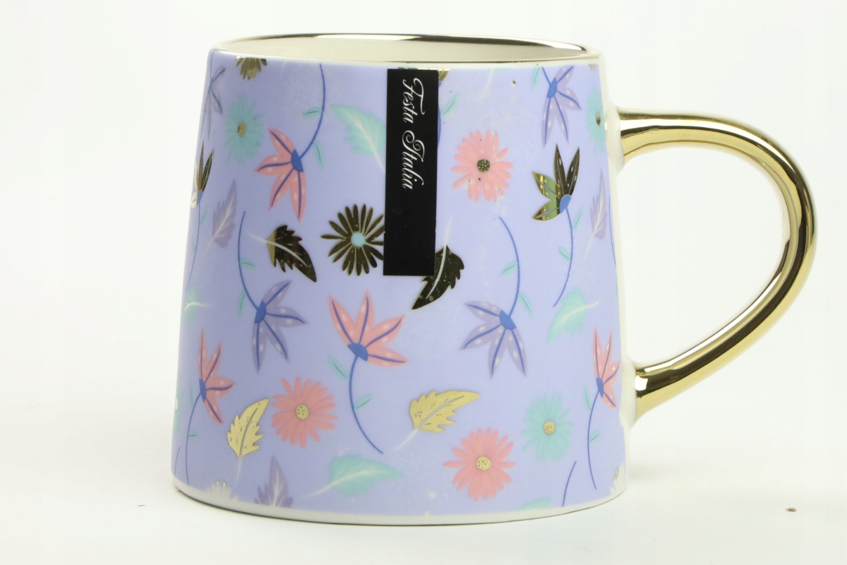 KUBEK PORCELANOWY DO KAWY HERBATY WZÓR KWIATY 400ML ZE ZŁOTYM UCHEM