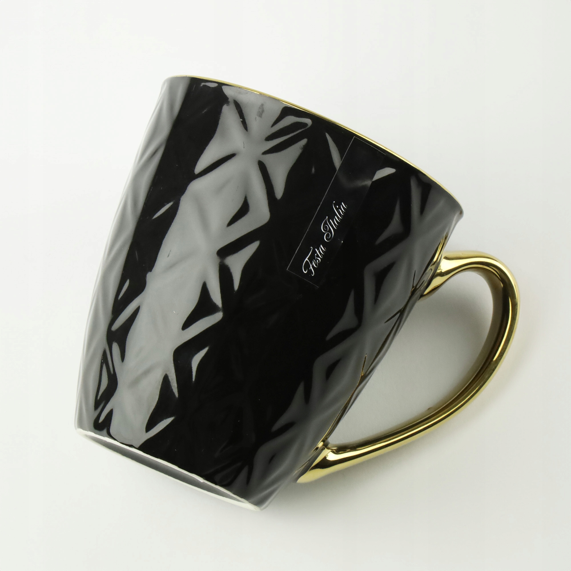 PORCELANOWY KUBEK NA KAWĘ HERBATĘ CZARNY ZDOBIONY ZE ZŁOTYM UCHEM 360ML