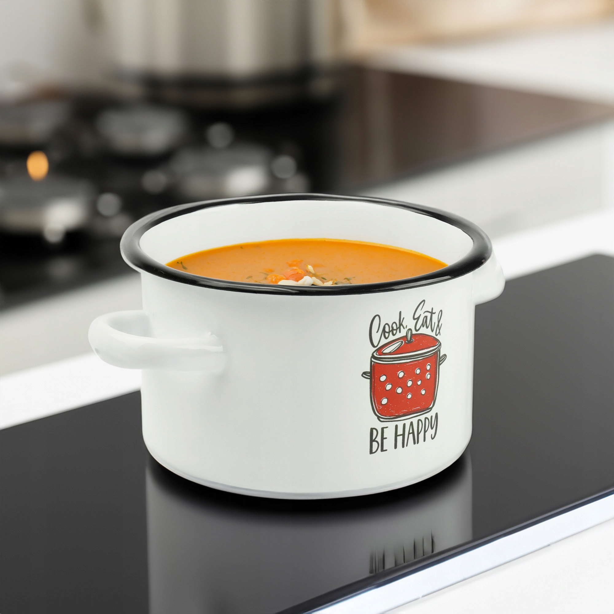 GARNEK TRADYCYJNY EMALIOWANY 3L BIAŁY PROSTY GAZ INDUKCJA WZÓR BE HAPPY