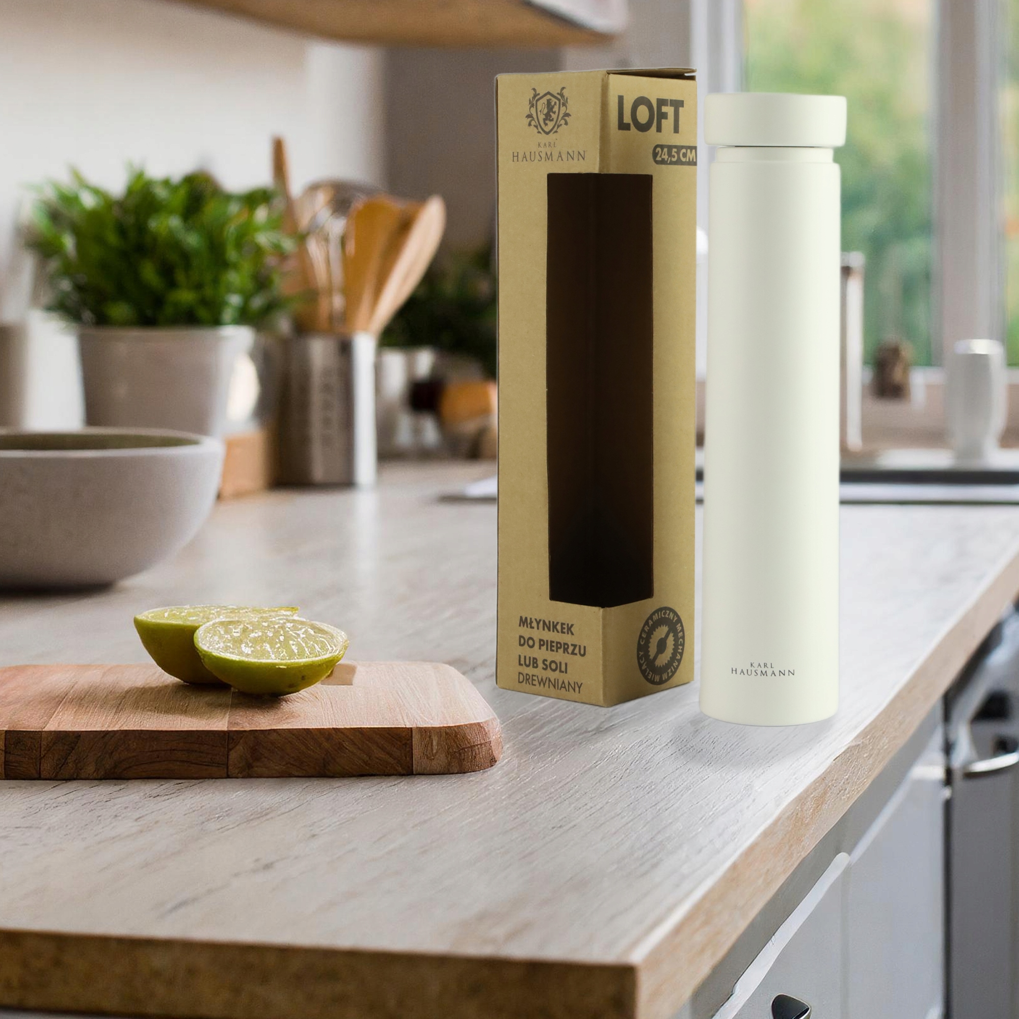 RĘCZNY MŁYNEK DO MIELENIA SOLI PIEPRZU PRZYPRAW BIAŁY DREWNIANY 24,5 CM
