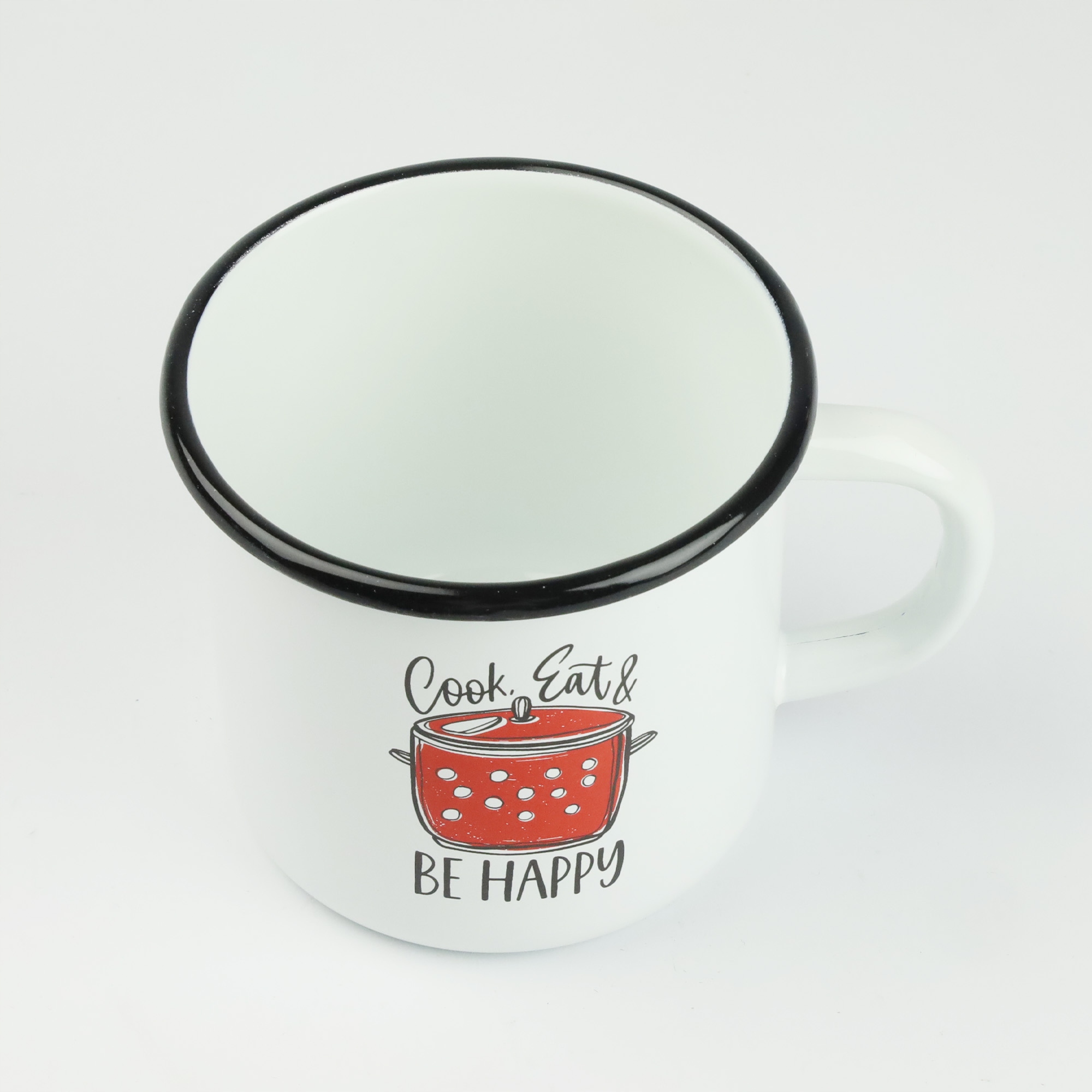 KUBEK EMALIOWANY PROSTY BE HAPPY 500 ML NA KAWĘ HERBATĘ CZEKOLADĘ SOLIDNY