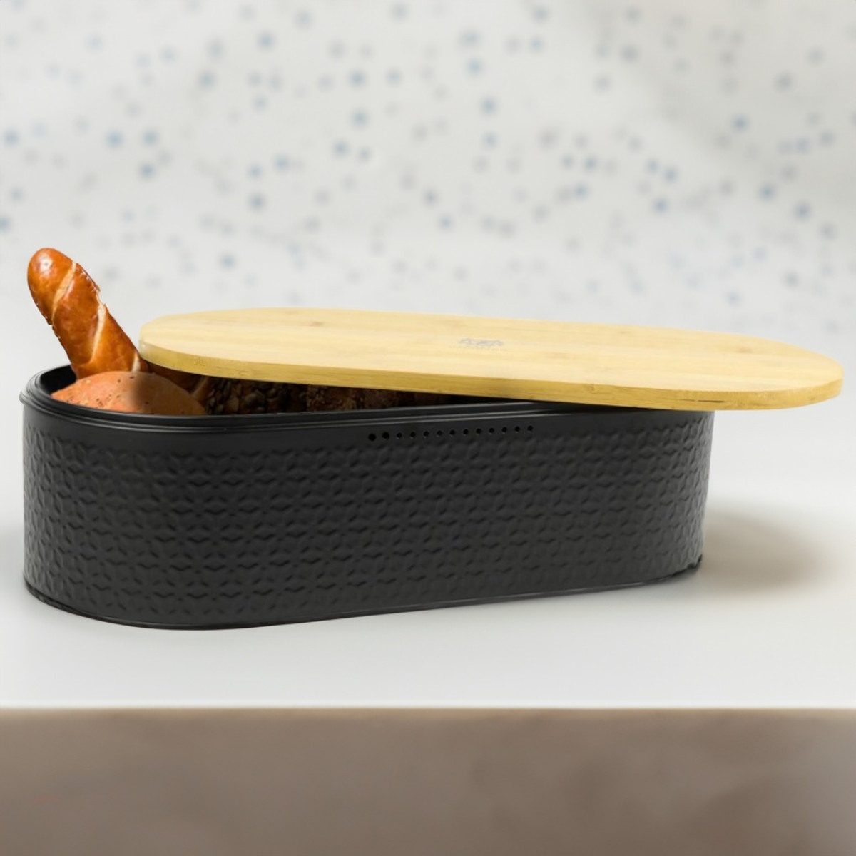 Chlebak pojemnik na pieczywo na chleb bułki stalowy deska bambusowa czarny