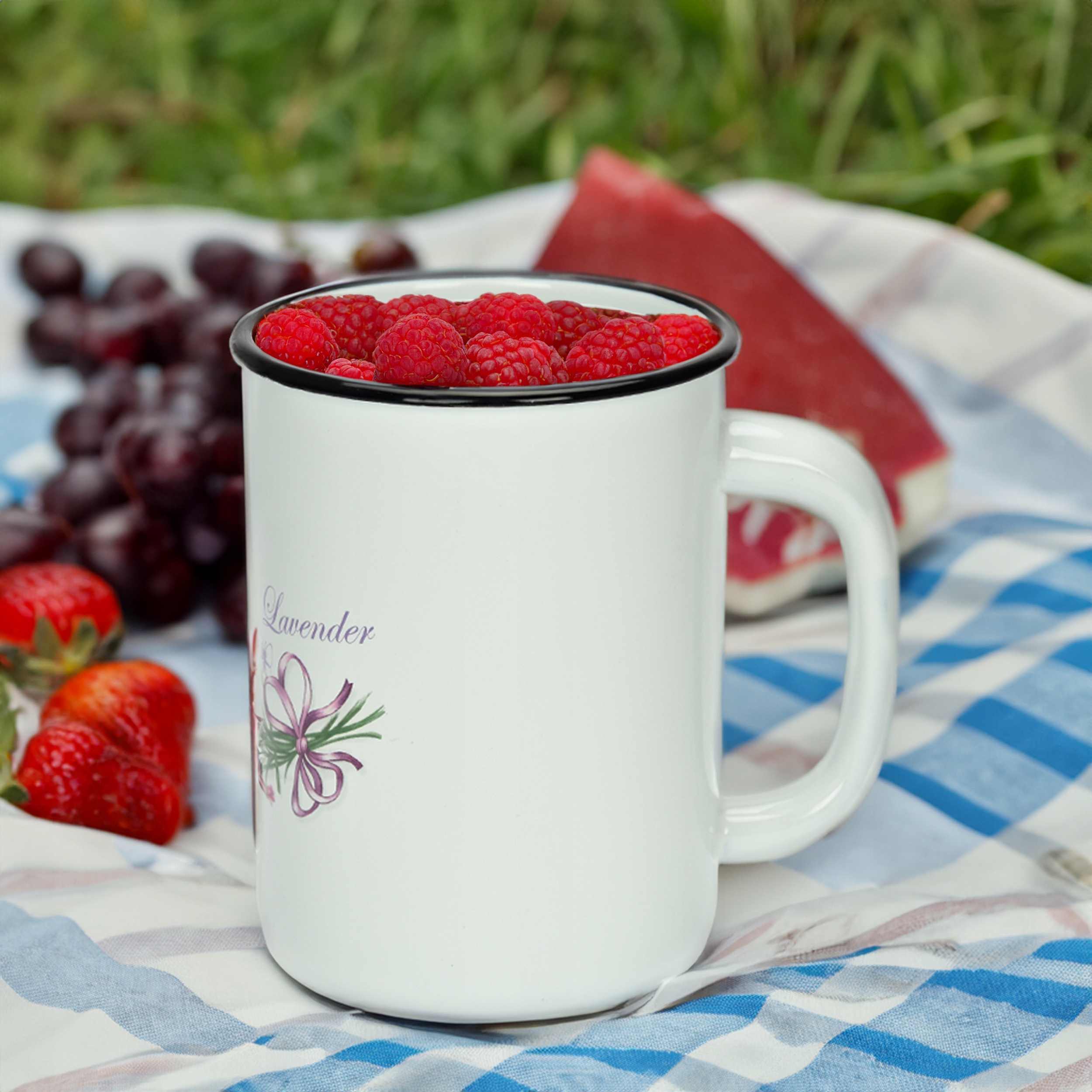 KUBEK GŁADKI EMALIOWANY 1,5L WZÓR LAWENDA SOLIDNY NA NAPOJE MLEKO KOMPOT