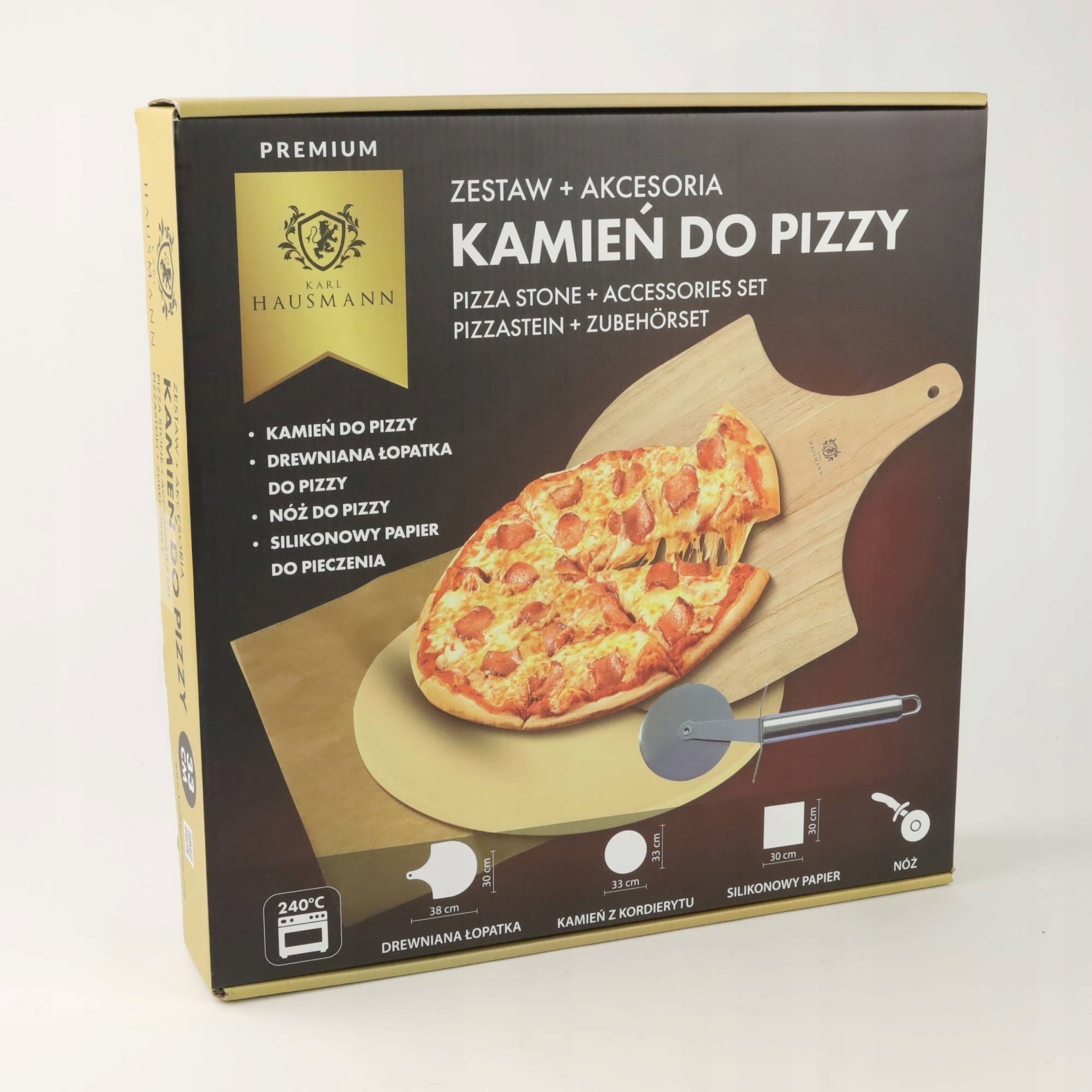 ZESTAW KAMIEŃ Z KORDIERYTU DO PIECZENIA PIZZY 33CM + AKCESORIA NÓŻ DESKA