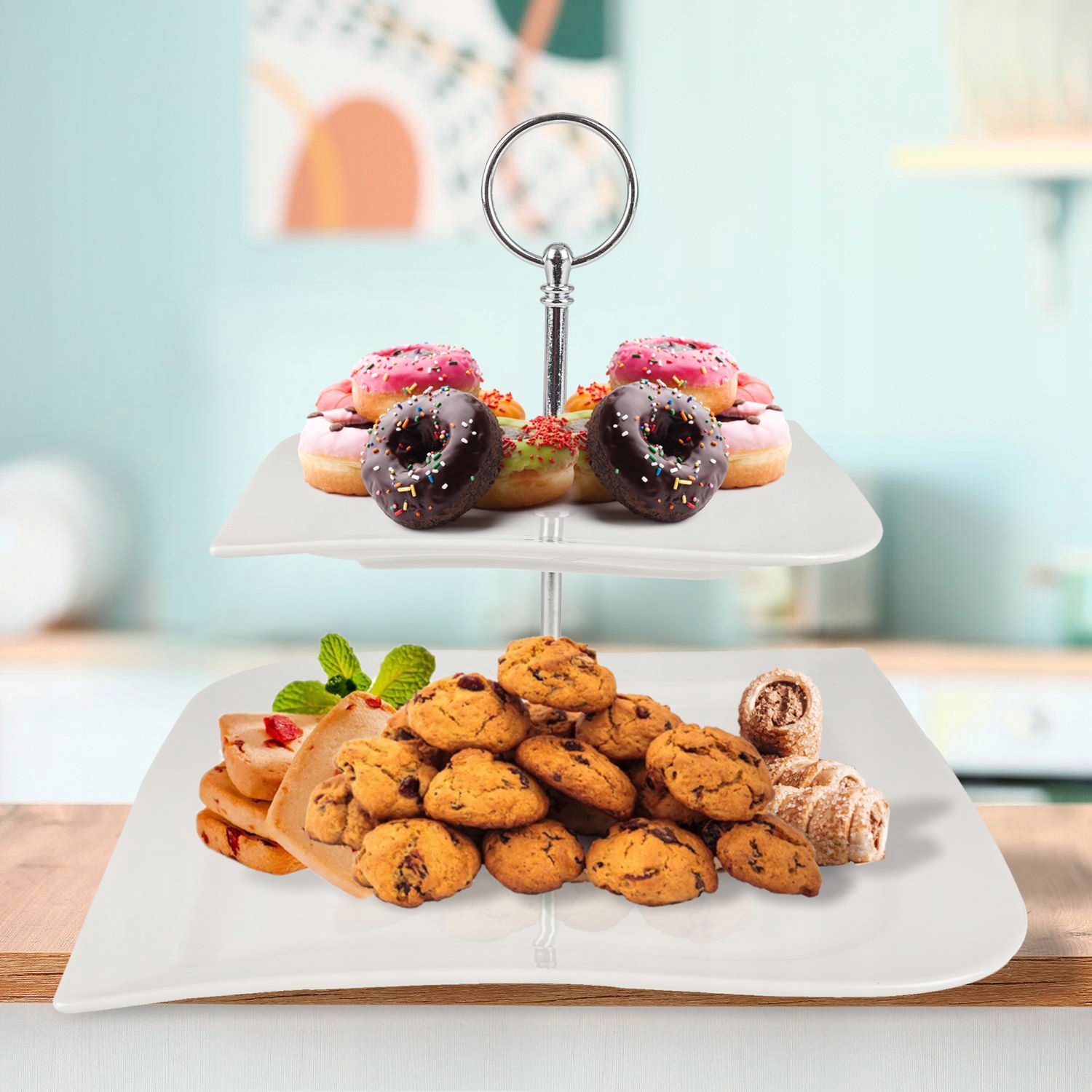 PATERA PORCELANOWA NOWOCZESNA BIAŁA 2 POZIOMOWA TACKA NA CIASTO SREBRNA