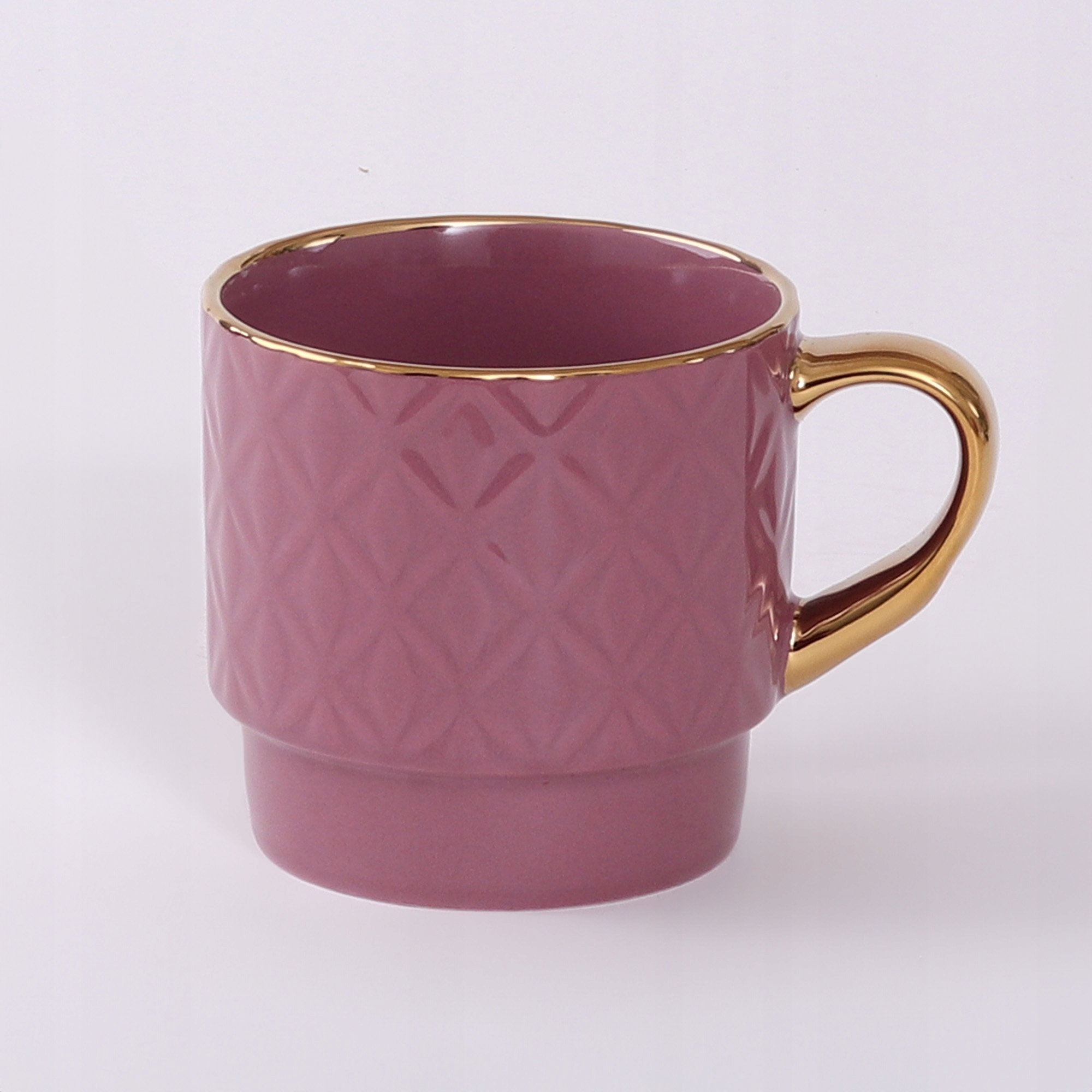 PORCELANOWY KUBEK NA KAWĘ HERBATĘ WRZOSOWY ZDOBIONY ZE ZŁOTYM UCHEM 340ML