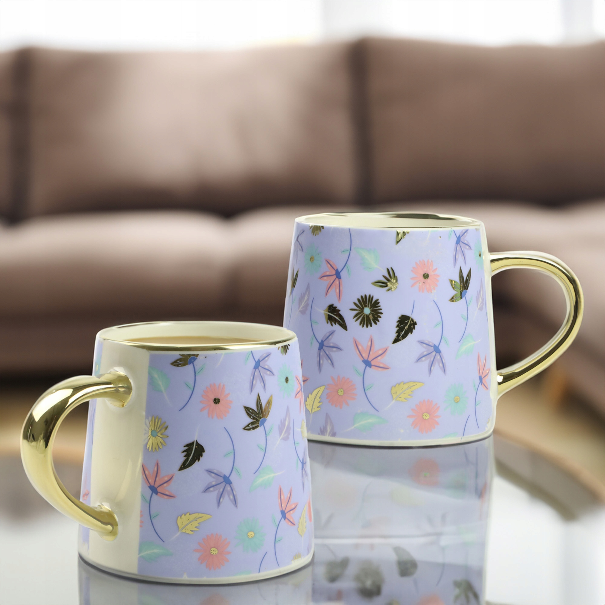 KUBEK PORCELANOWY DO KAWY HERBATY WZÓR KWIATY 400ML ZE ZŁOTYM UCHEM