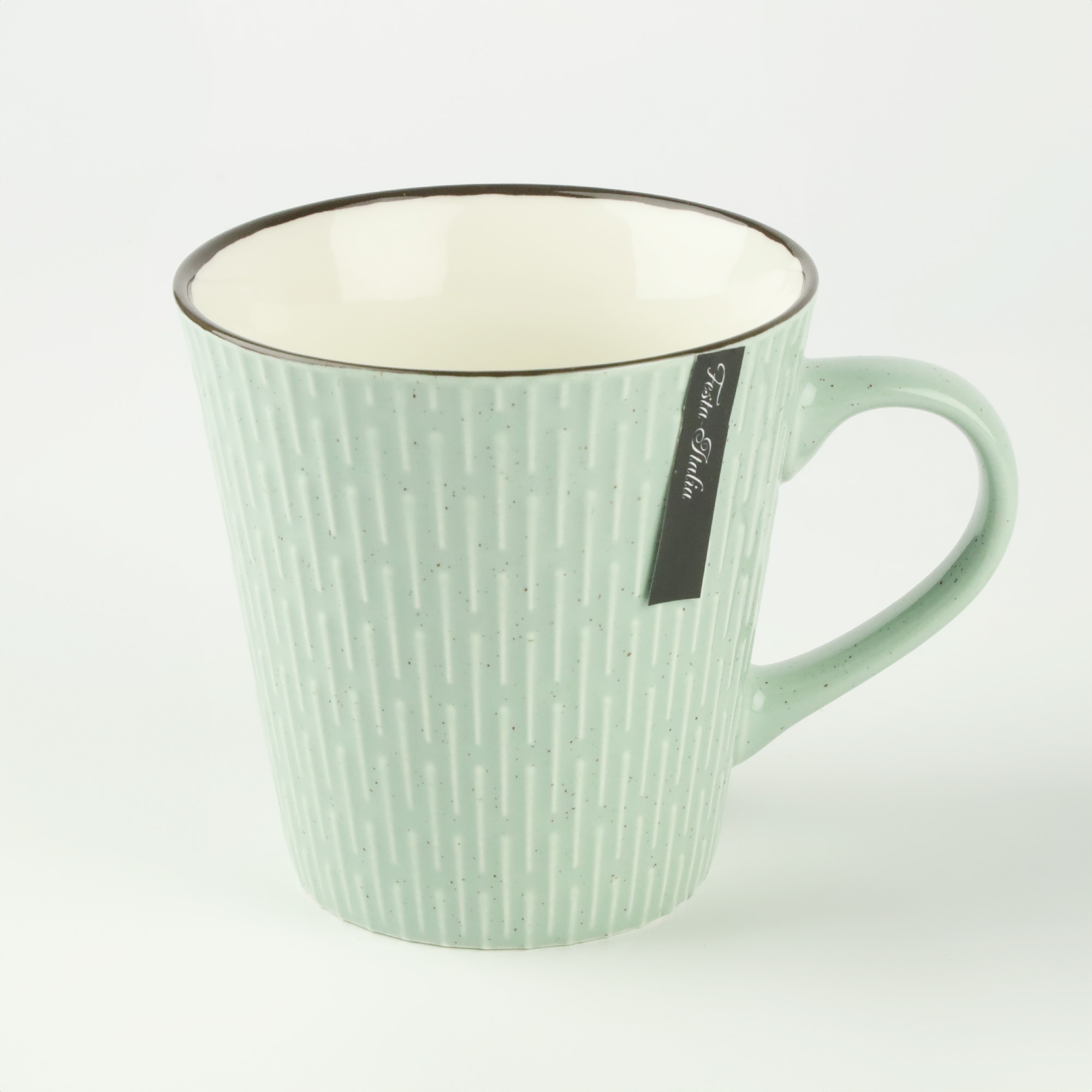 CERAMICZNY KUBEK NA KAWĘ HERBATĘ MIĘTOWY ZDOBIONY W WZÓR KRESKI 340 ML