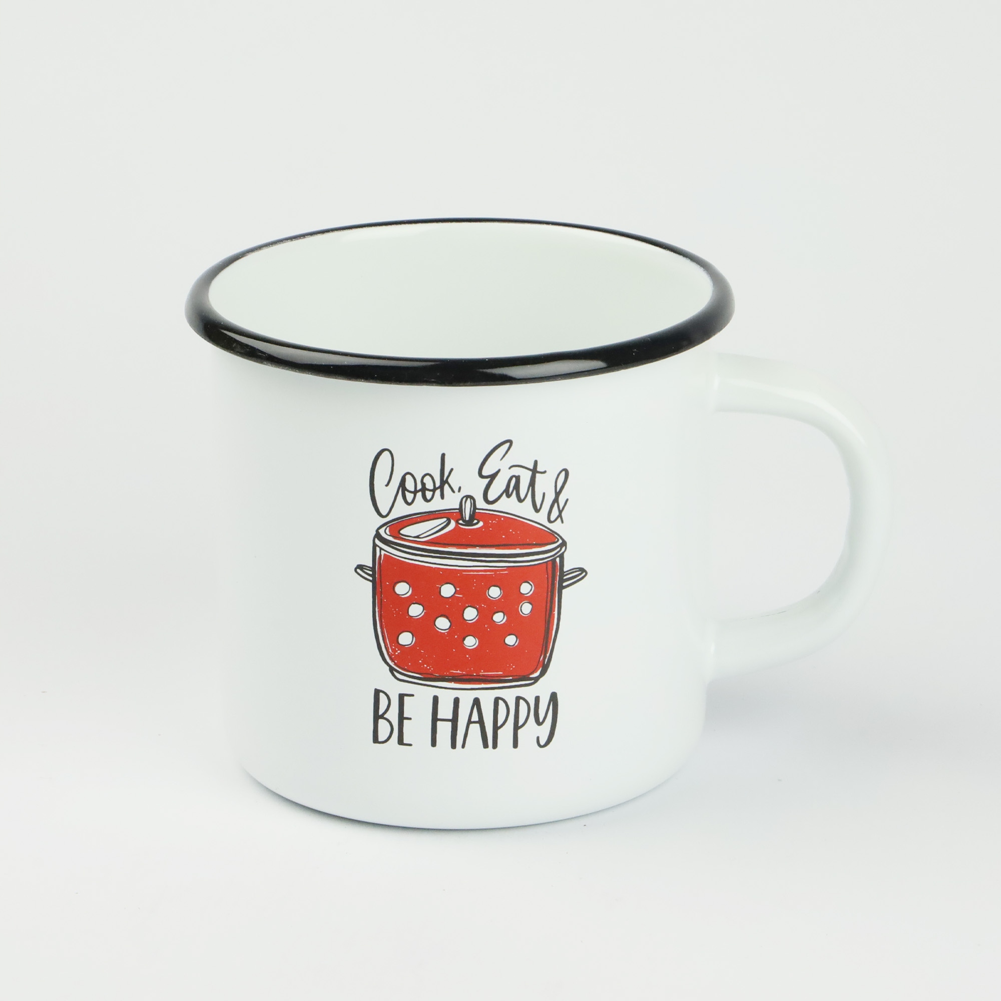 KUBEK EMALIOWANY PROSTY BE HAPPY 500 ML NA KAWĘ HERBATĘ CZEKOLADĘ SOLIDNY