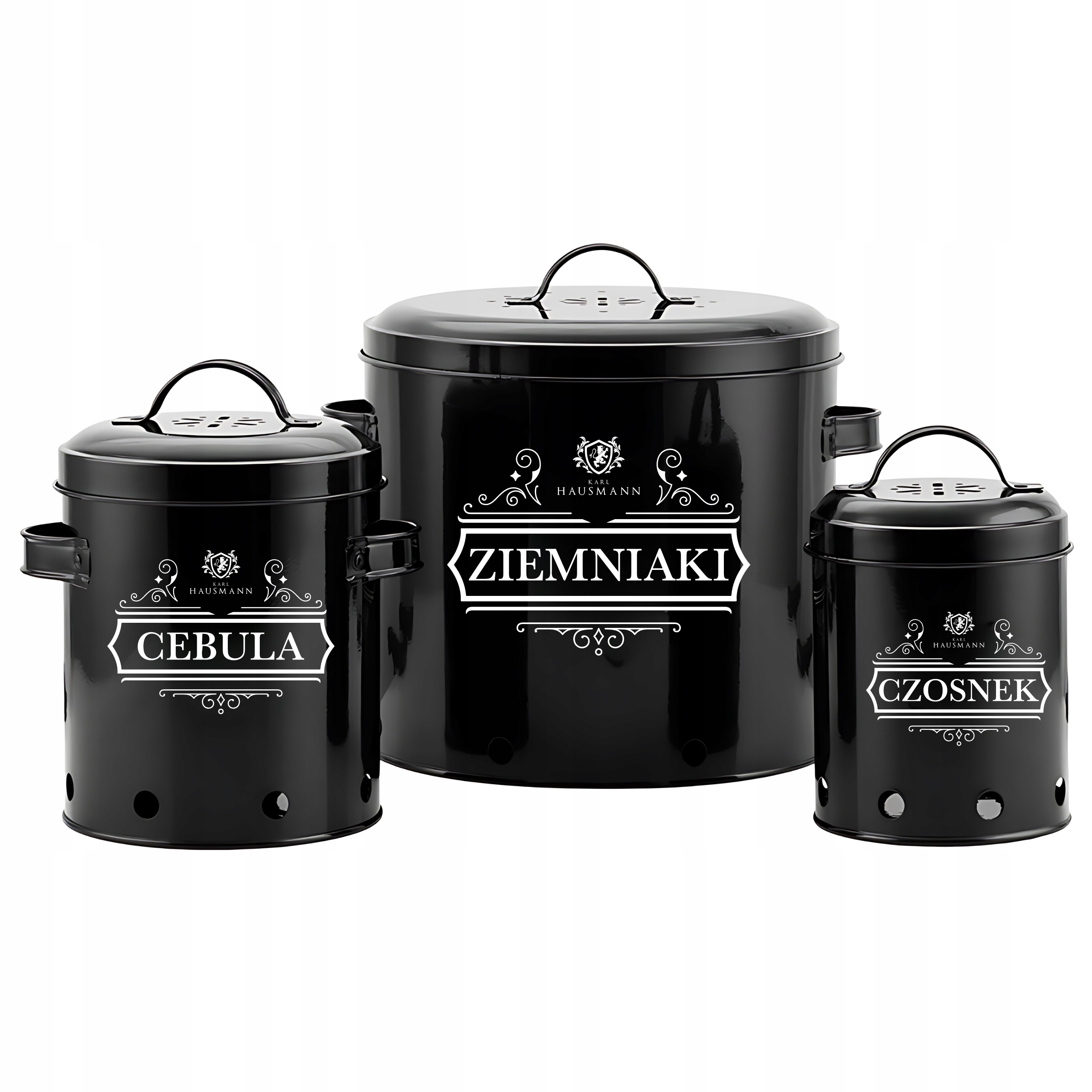 KOMPLET 3 POJEMNIKI METALOWE NA PRZECHOWYWANIE CEBULI CZOSNKU ZIEMNIAKÓW