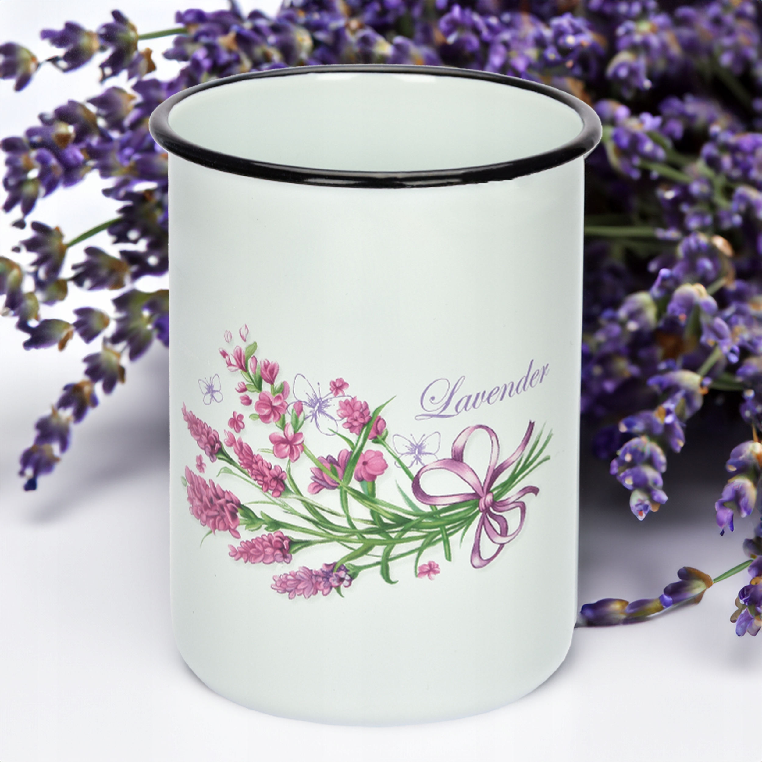 KUBEK GŁADKI EMALIOWANY 1,5L WZÓR LAWENDA SOLIDNY NA NAPOJE MLEKO KOMPOT