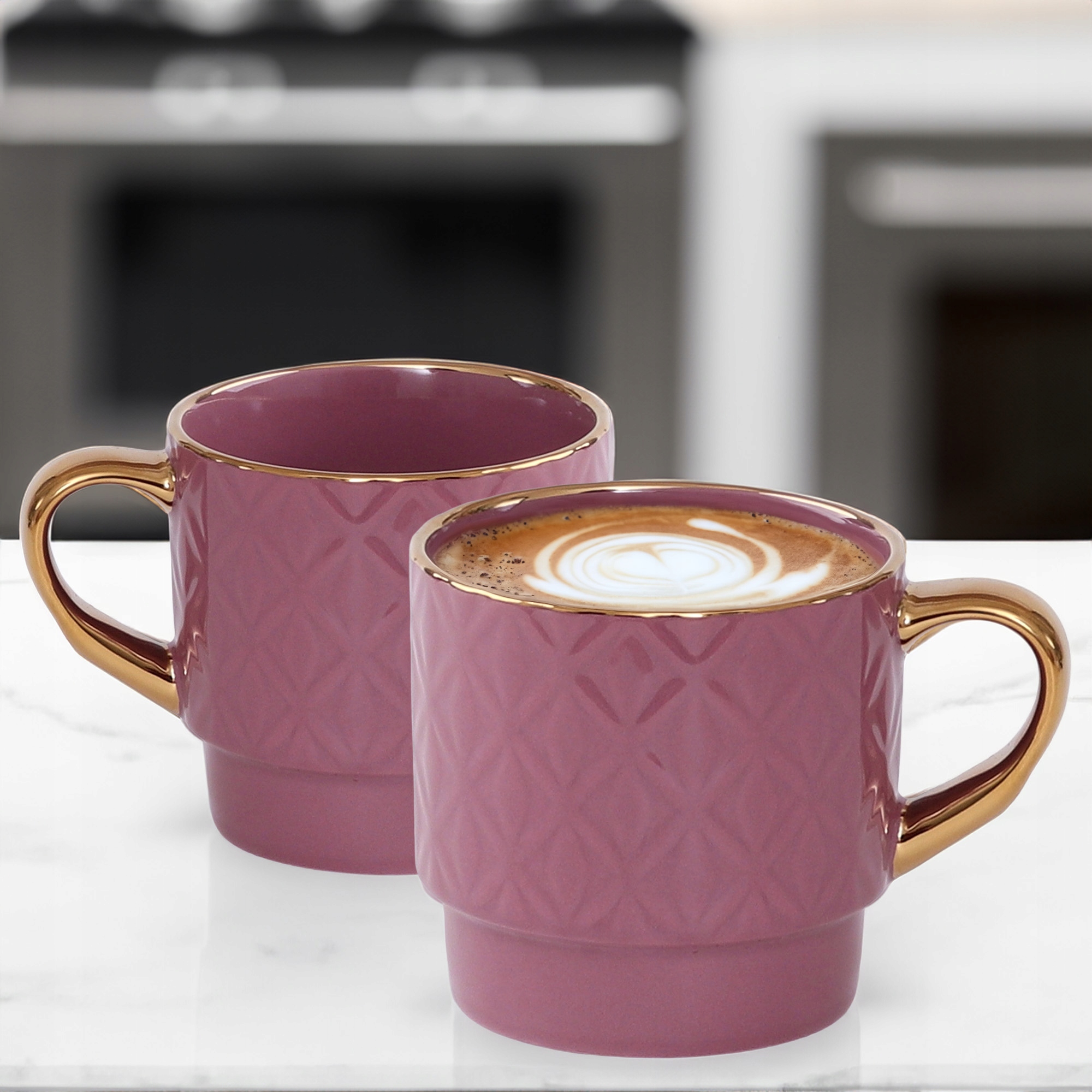 PORCELANOWY KUBEK NA KAWĘ HERBATĘ WRZOSOWY ZDOBIONY ZE ZŁOTYM UCHEM 340ML