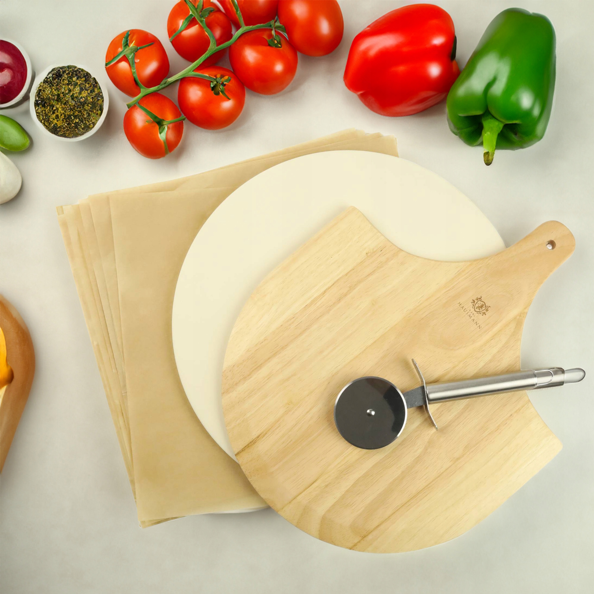 ZESTAW KAMIEŃ Z KORDIERYTU DO PIECZENIA PIZZY 33CM + AKCESORIA NÓŻ DESKA