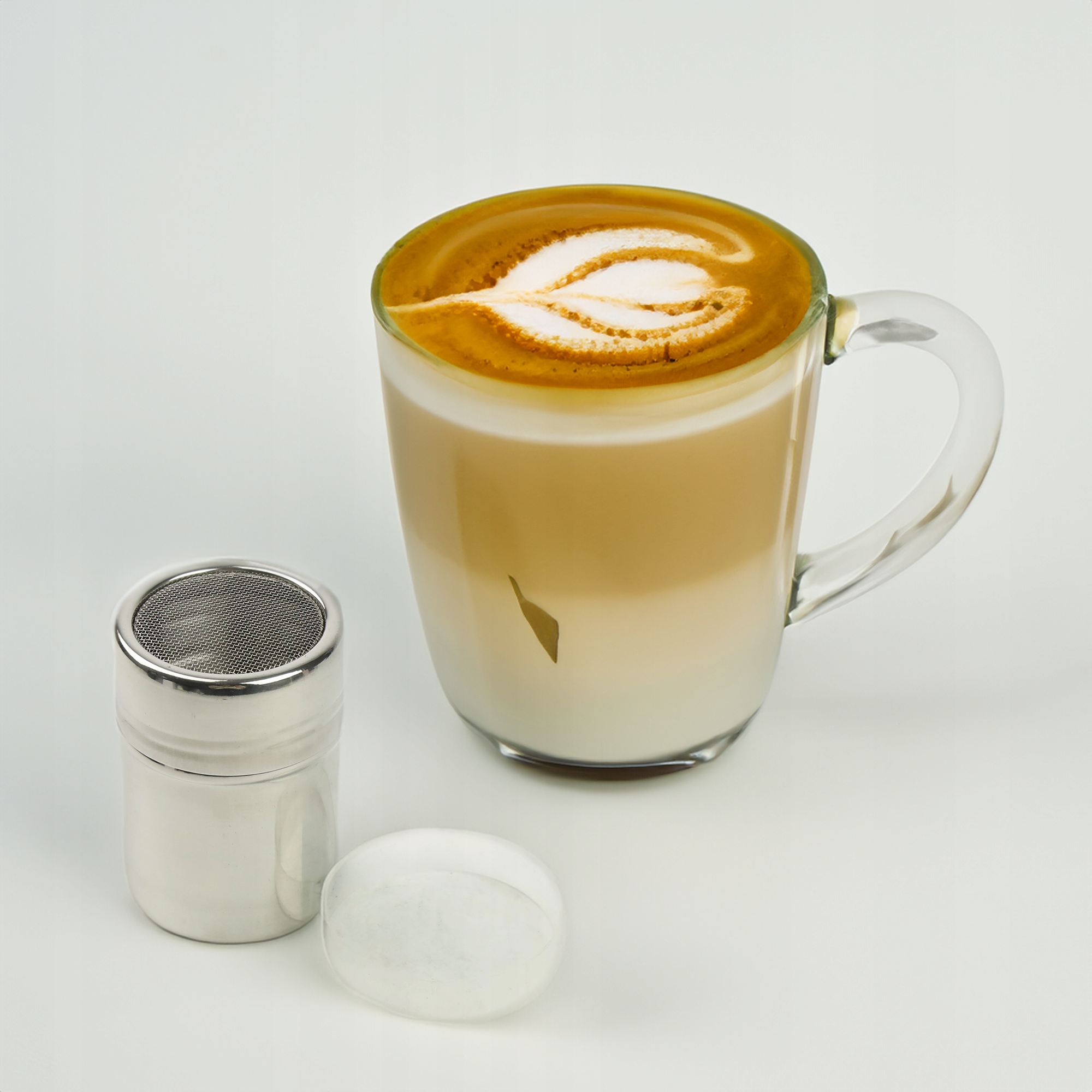 POJEMNIK Z SITKIEM DO POSYPYWANIA KAWY CIASTA CUKREM KAKAO + 6 SZABLONÓW