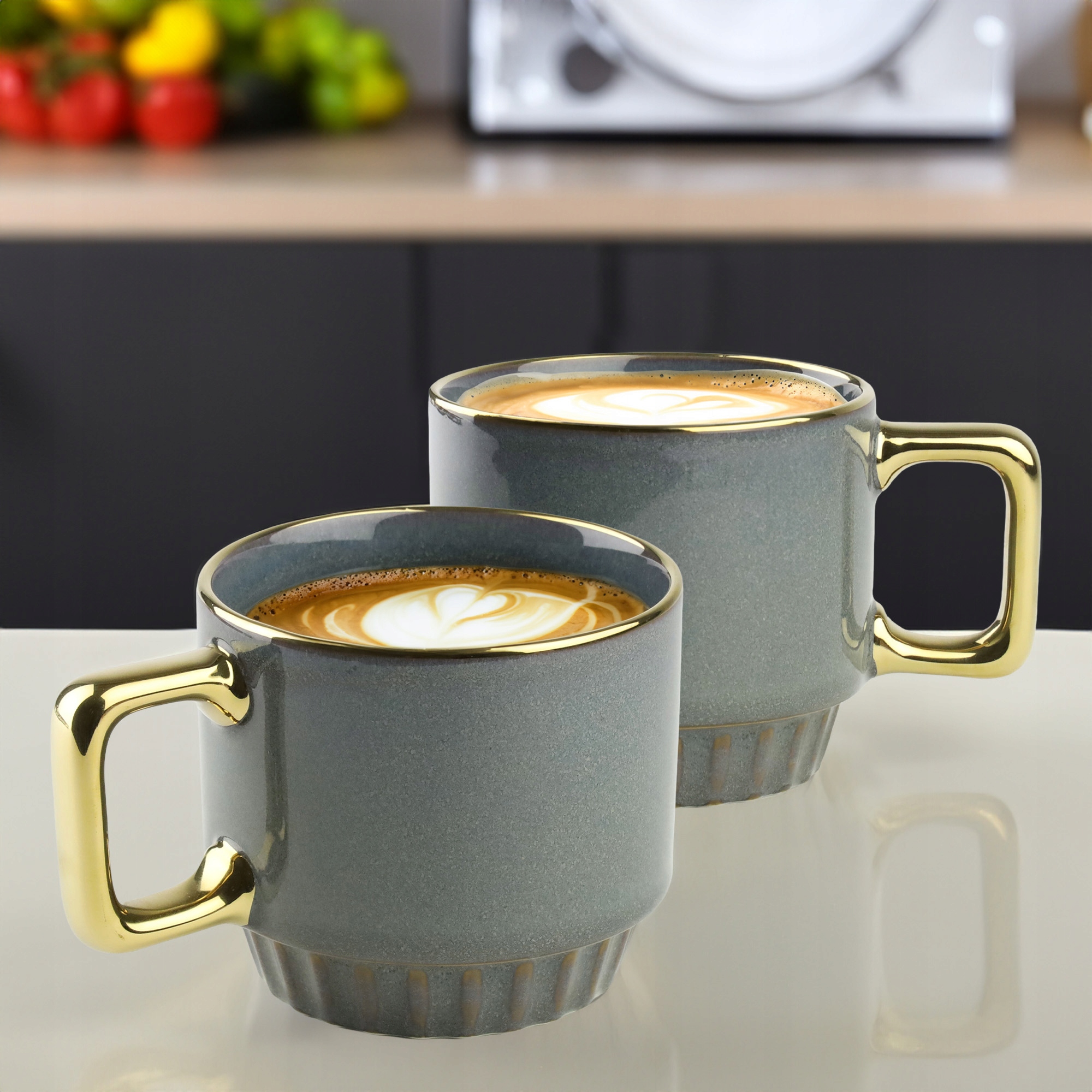 CERAMICZNY KUBEK NA KAWĘ HERBATĘ GRANATOWY ZDOBIONY ZE ZŁOTYM UCHEM 320ML