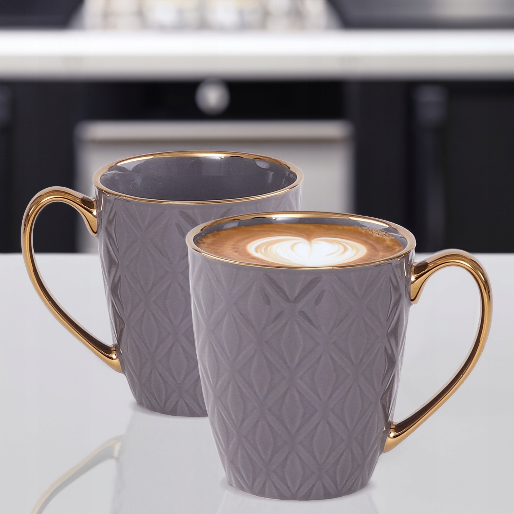 PORCELANOWY KUBEK NA KAWĘ HERBATĘ SZARY ZDOBIONY ZE ZŁOTYM UCHEM 360ML