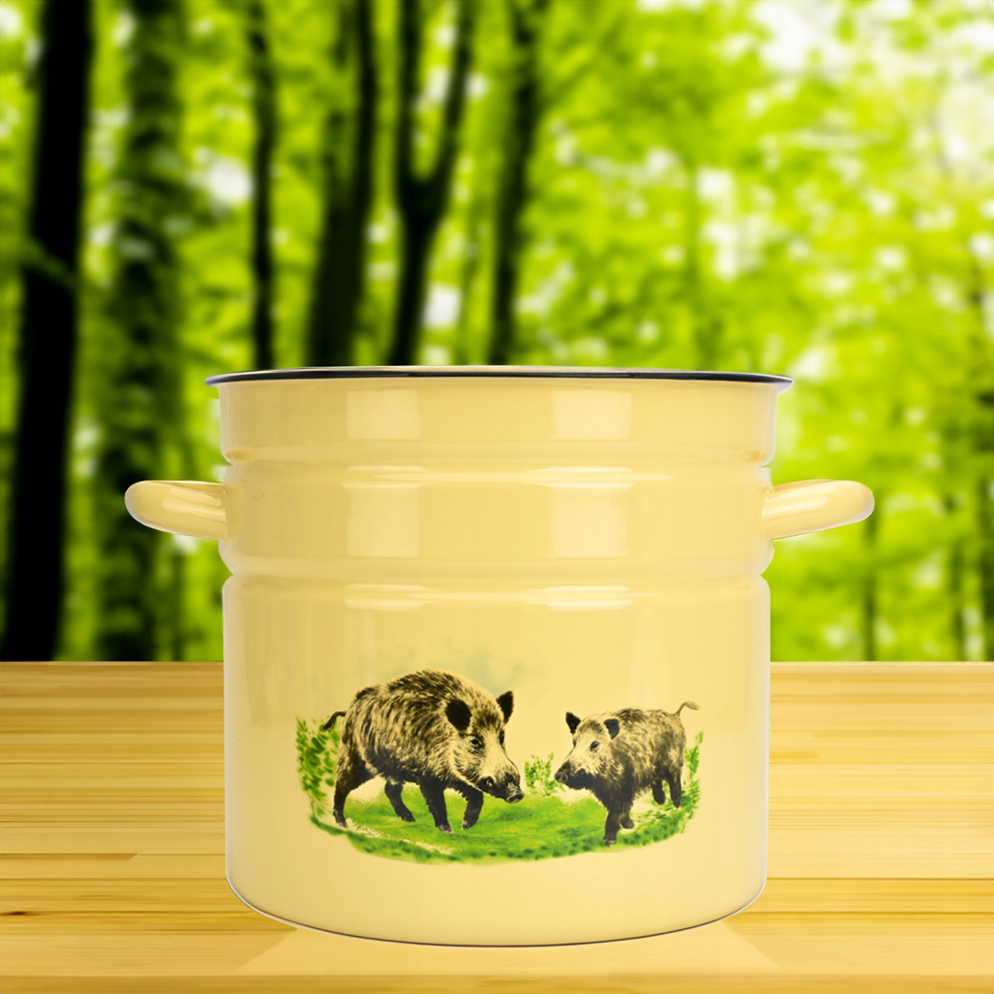 GARNEK EMALIOWANY 12 L Z POKRYWKĄ WZÓR DZIK DO GOTOWANIA POTRAW PRZETWORÓW