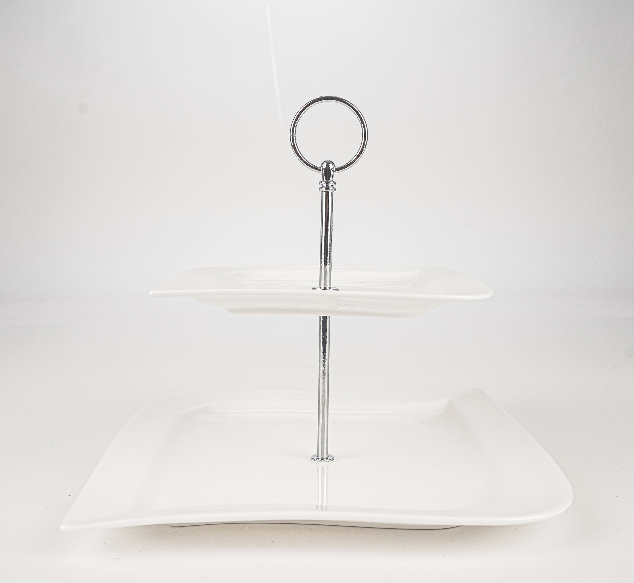 PATERA PORCELANOWA NOWOCZESNA BIAŁA 2 POZIOMOWA TACKA NA CIASTO SREBRNA