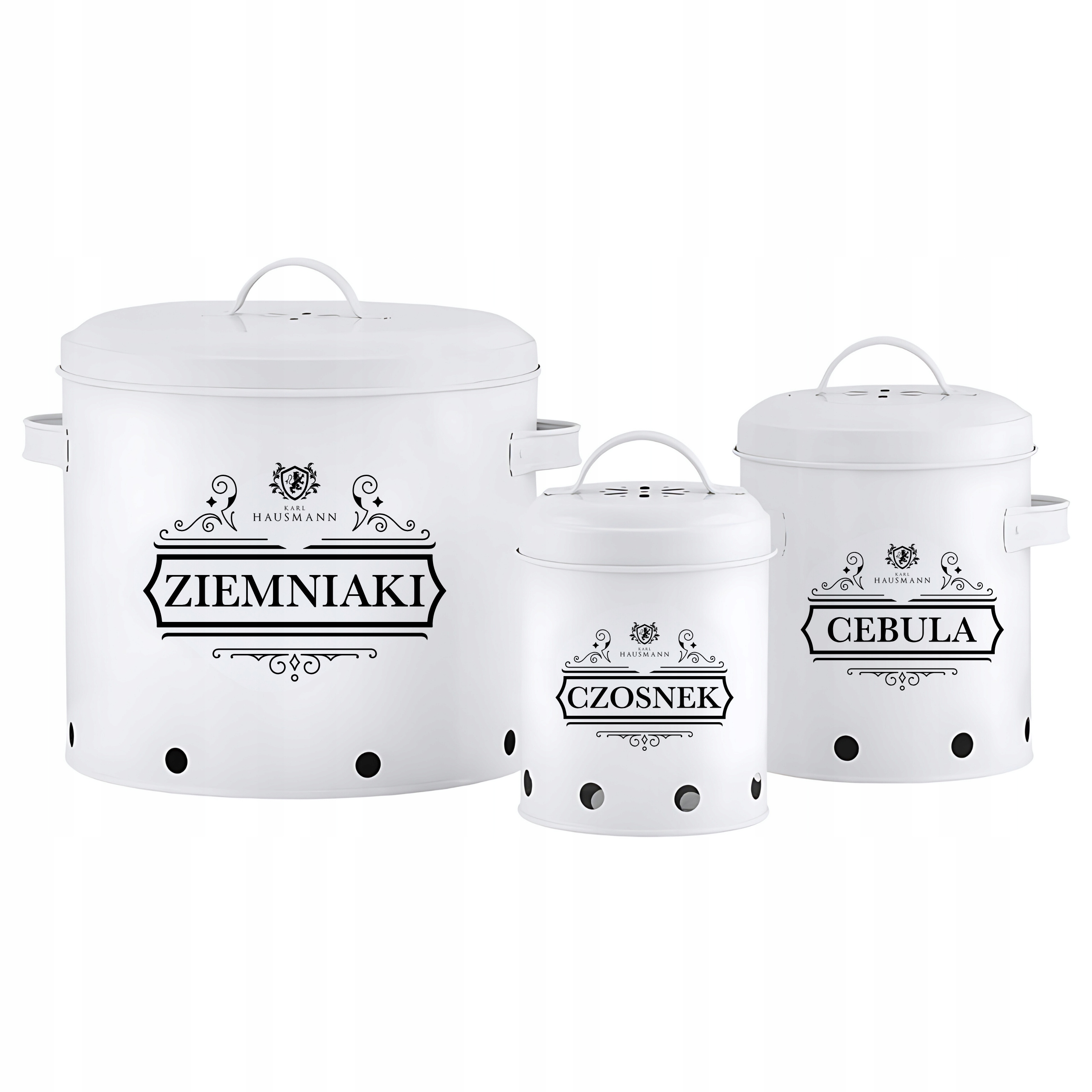 KOMPLET 3 POJEMNIKI METALOWE NA PRZECHOWYWANIE CEBULI CZOSNKU ZIEMNIAKÓW