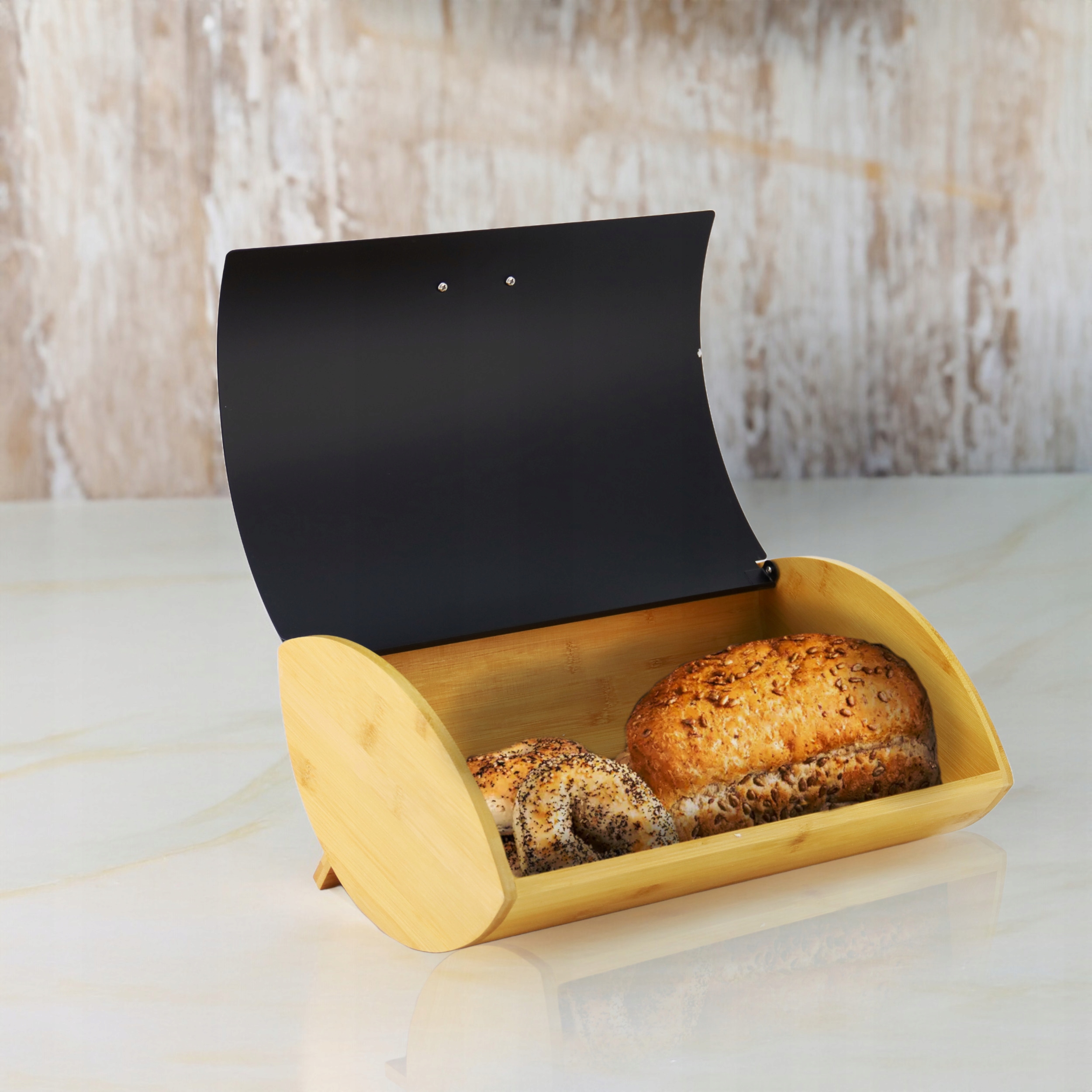 Chlebak pojemnik na pieczywo na chleb bułki stalowy bambusowy czarny
