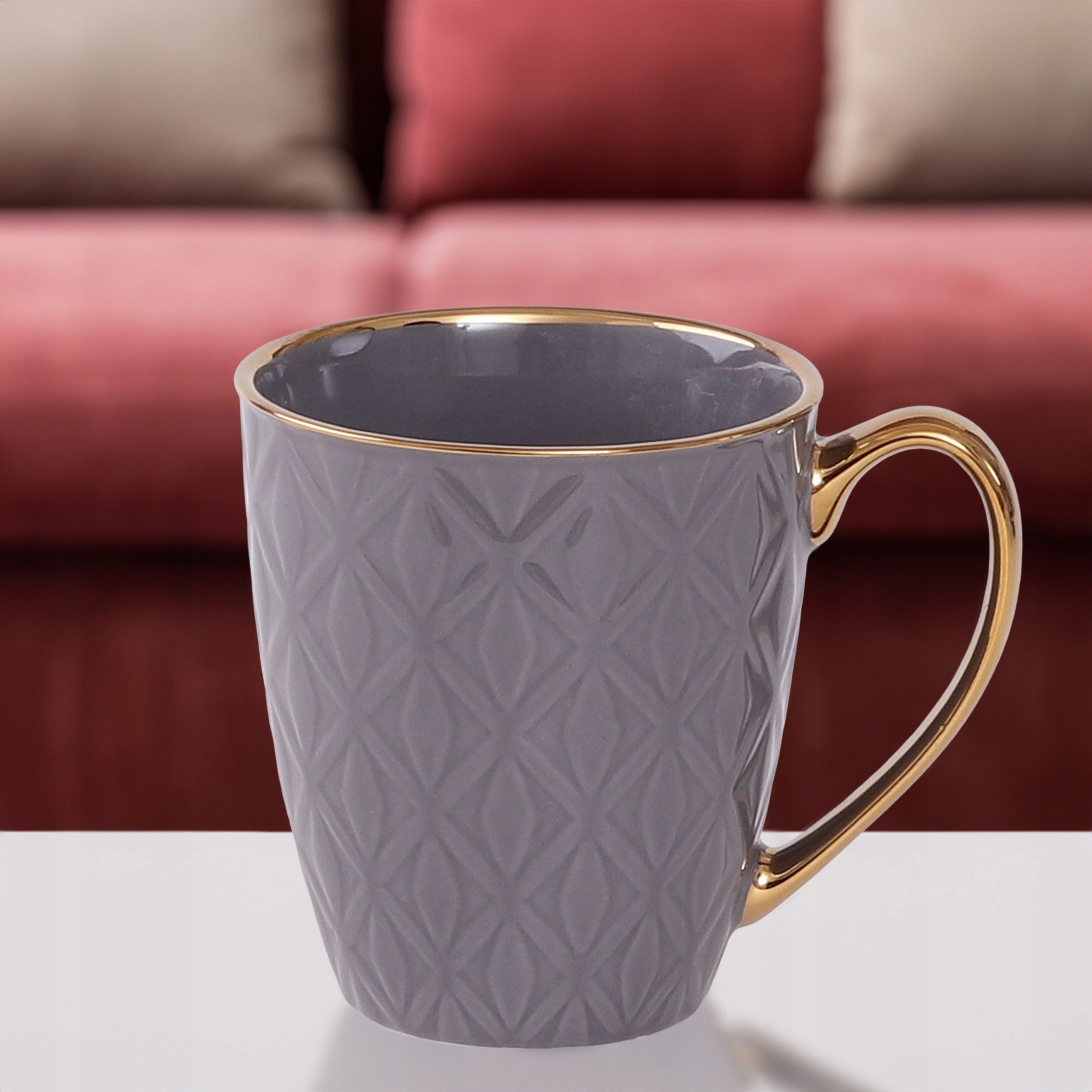 PORCELANOWY KUBEK NA KAWĘ HERBATĘ SZARY ZDOBIONY ZE ZŁOTYM UCHEM 360ML