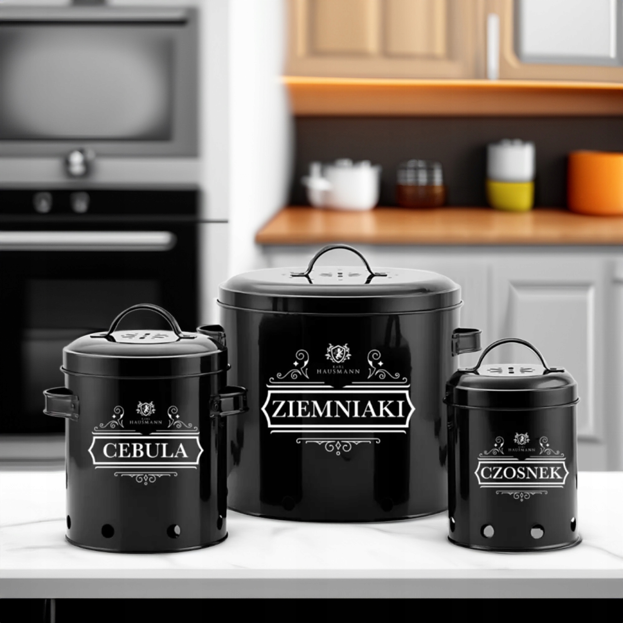 KOMPLET 3 POJEMNIKI METALOWE NA PRZECHOWYWANIE CEBULI CZOSNKU ZIEMNIAKÓW