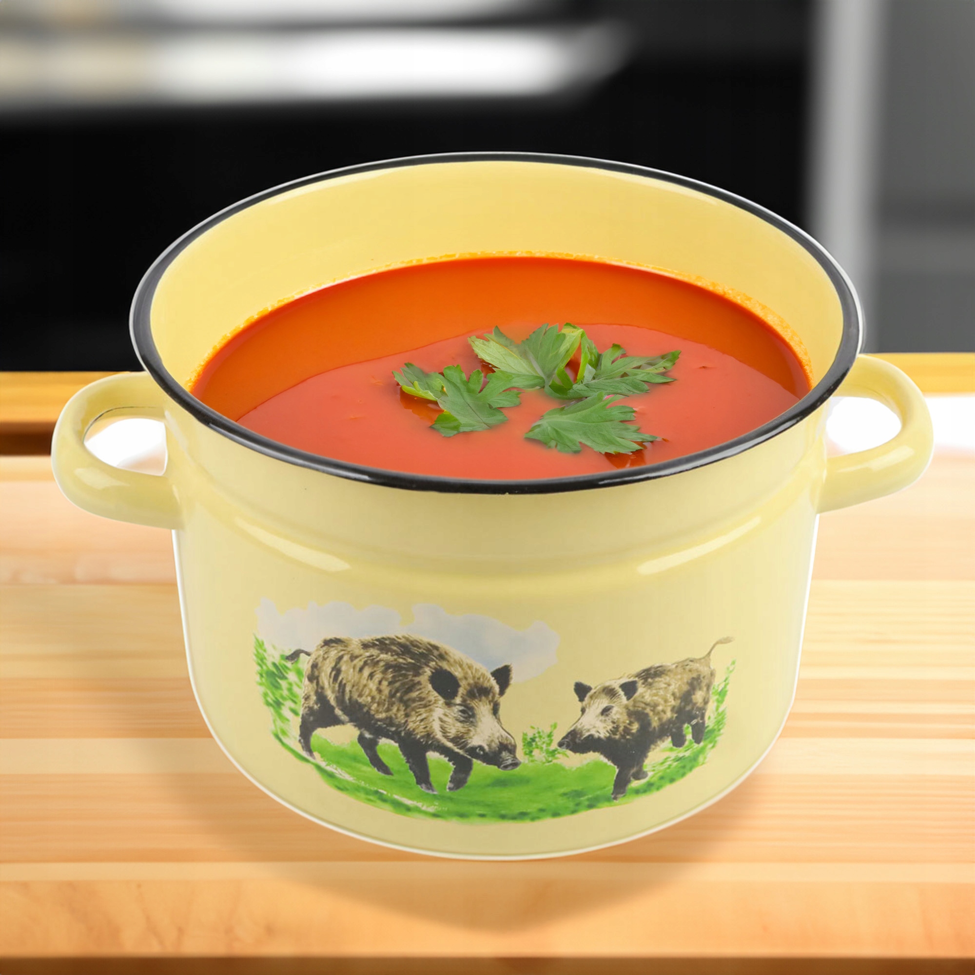 GARNEK EMALIOWANY 9 L Z POKRYWKĄ WZÓR DZIK DO GOTOWANIA POTRAW PRZETWORÓW