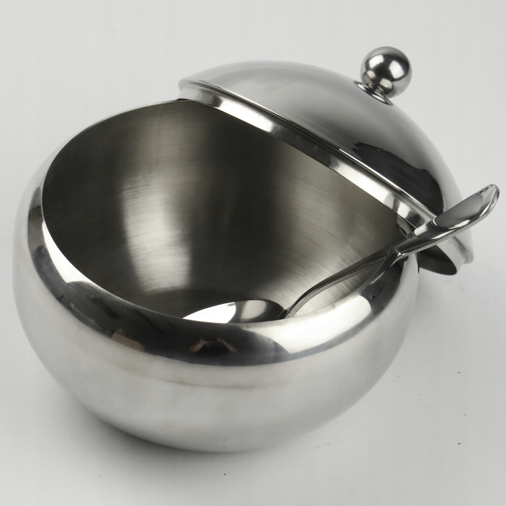 CUKIERNICA Z ŁYŻECZKĄ OKRĄGŁA STALOWA CUKIERNICZKA POJEMNIK NA CUKIER