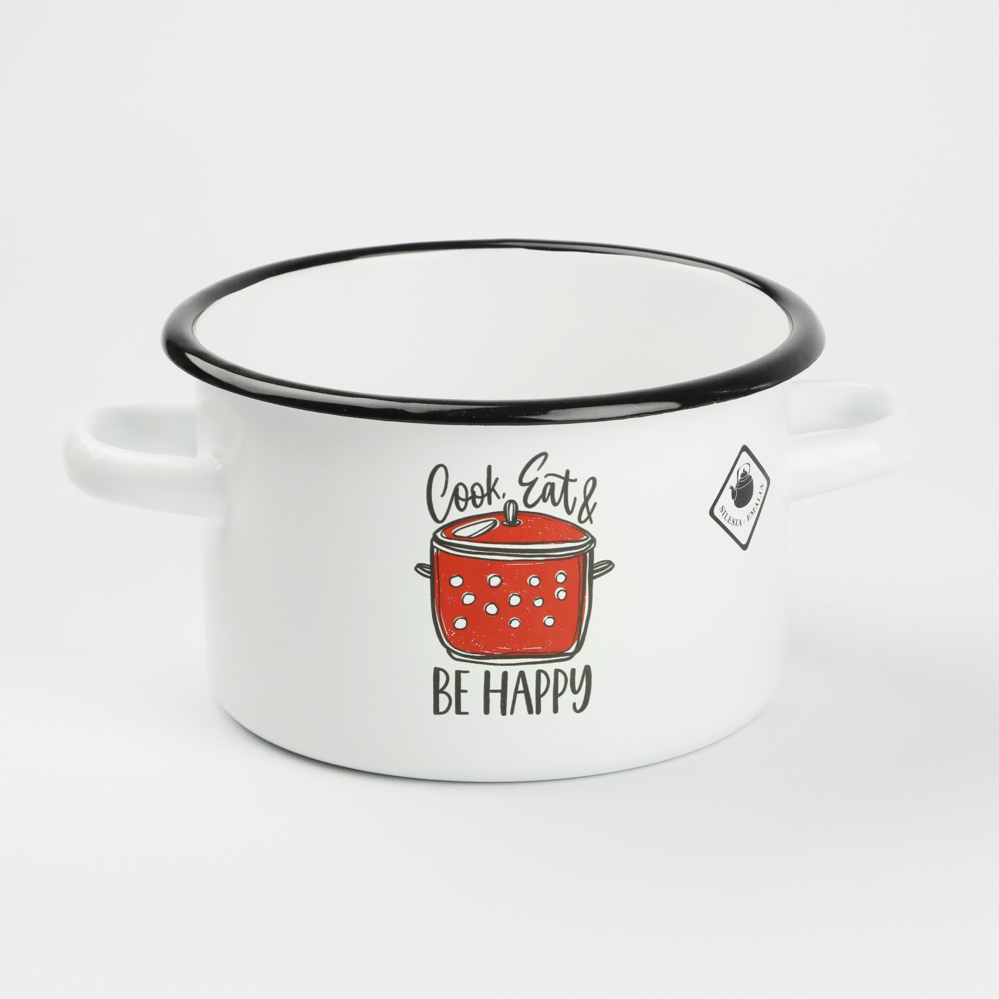 GARNEK TRADYCYJNY EMALIOWANY 3L BIAŁY PROSTY GAZ INDUKCJA WZÓR BE HAPPY
