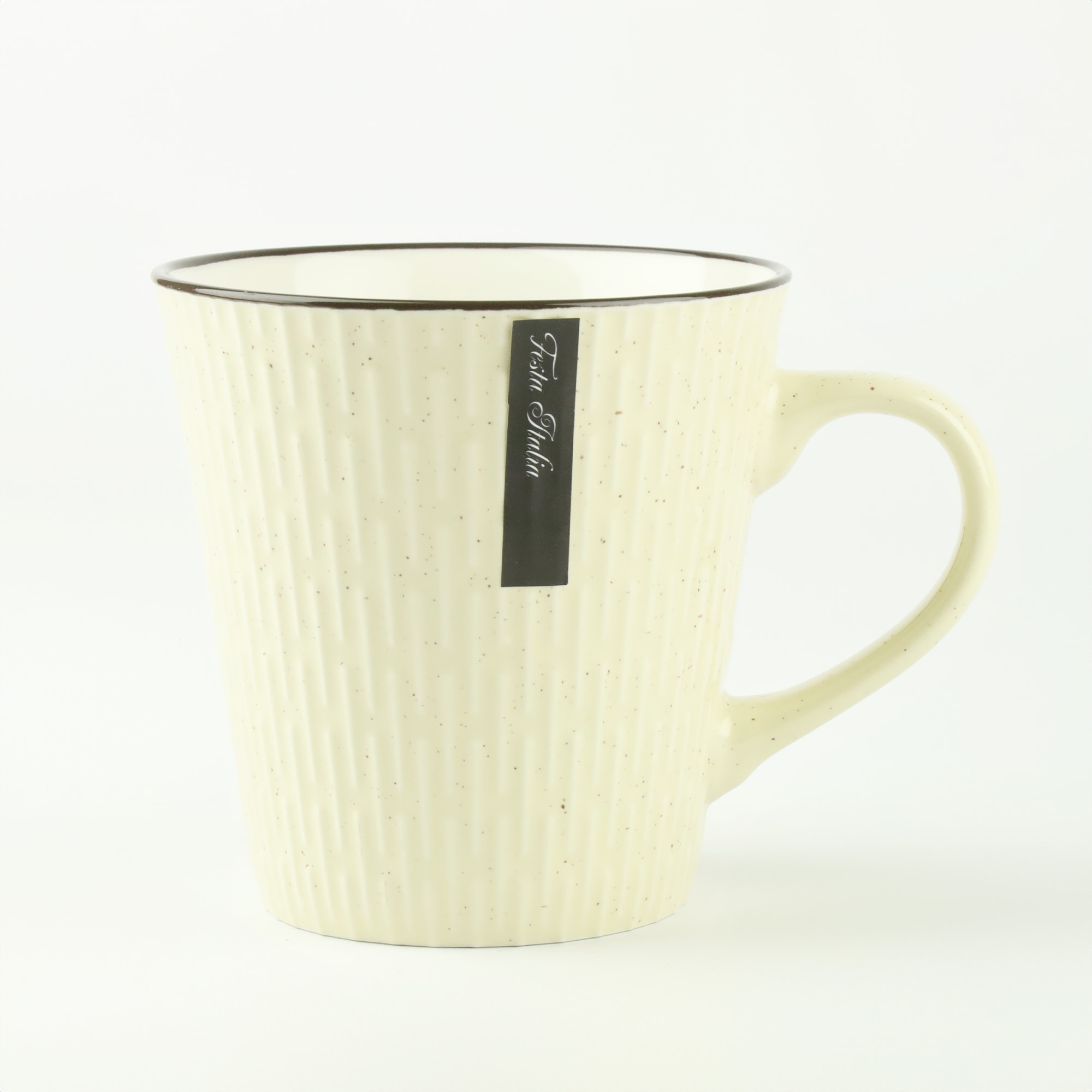 CERAMICZNY KUBEK NA KAWĘ HERBATĘ BEŻOWY ZDOBIONY WE WZÓR KRESKI 340 ML