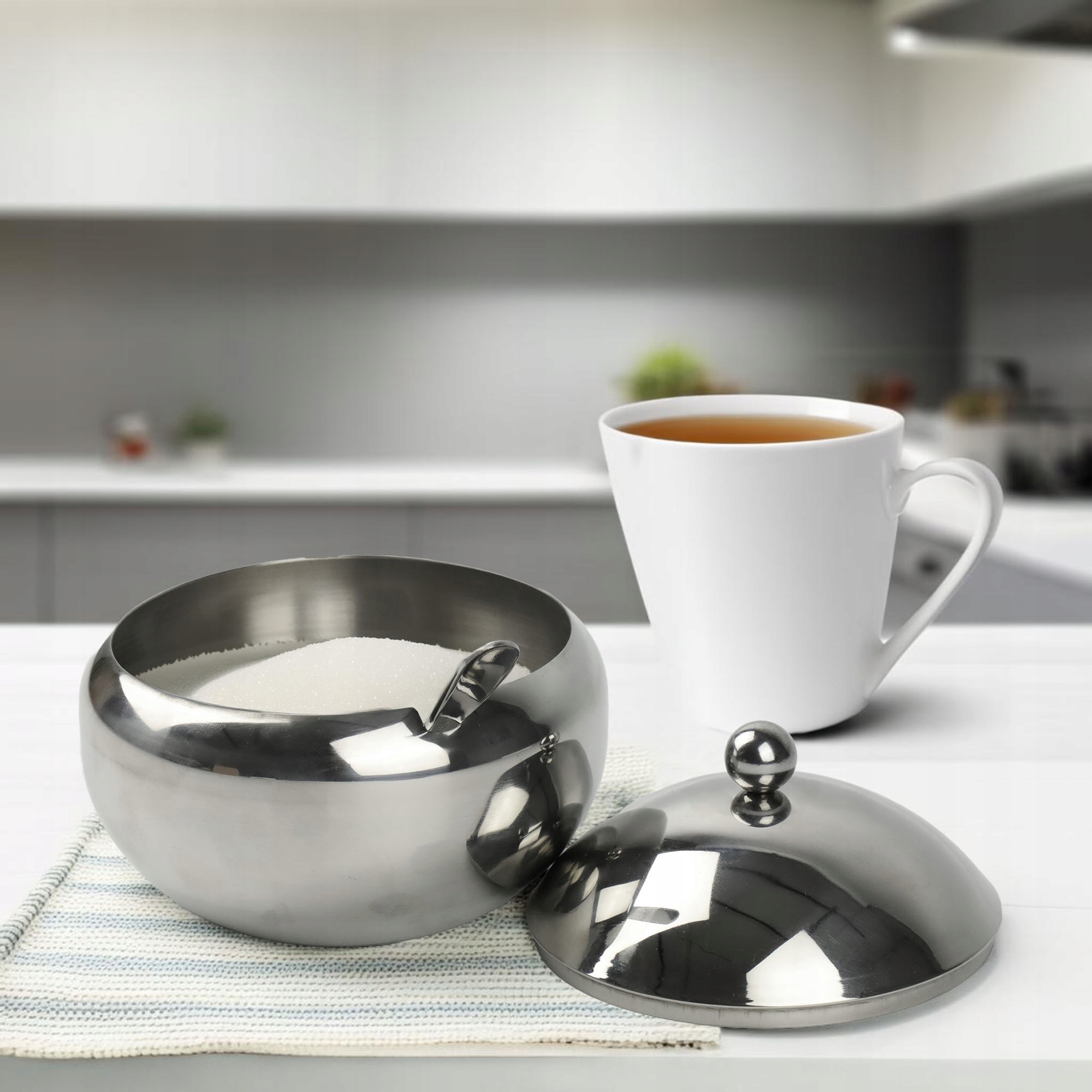 CUKIERNICA Z ŁYŻECZKĄ OKRĄGŁA STALOWA CUKIERNICZKA POJEMNIK NA CUKIER