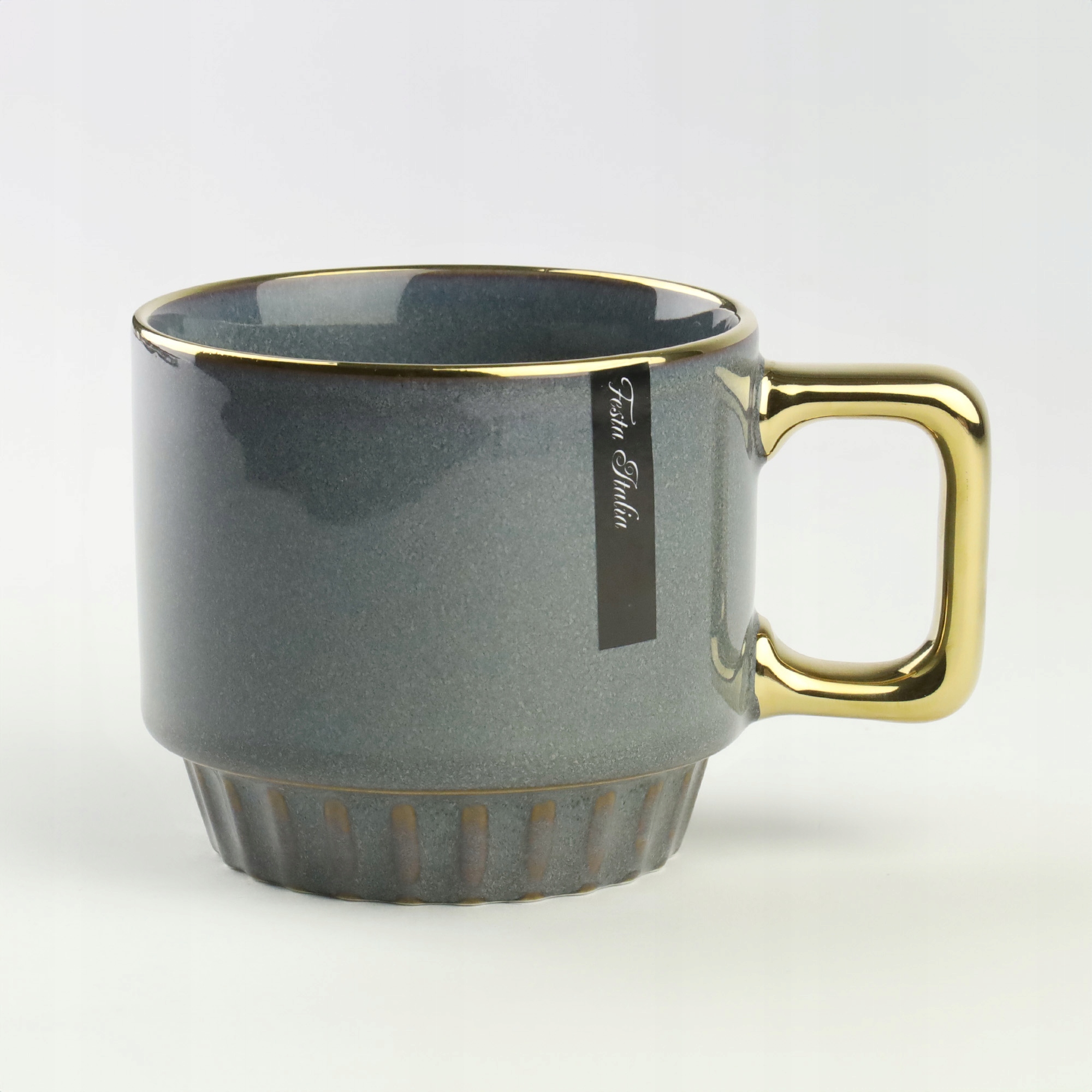 CERAMICZNY KUBEK NA KAWĘ HERBATĘ GRANATOWY ZDOBIONY ZE ZŁOTYM UCHEM 320ML