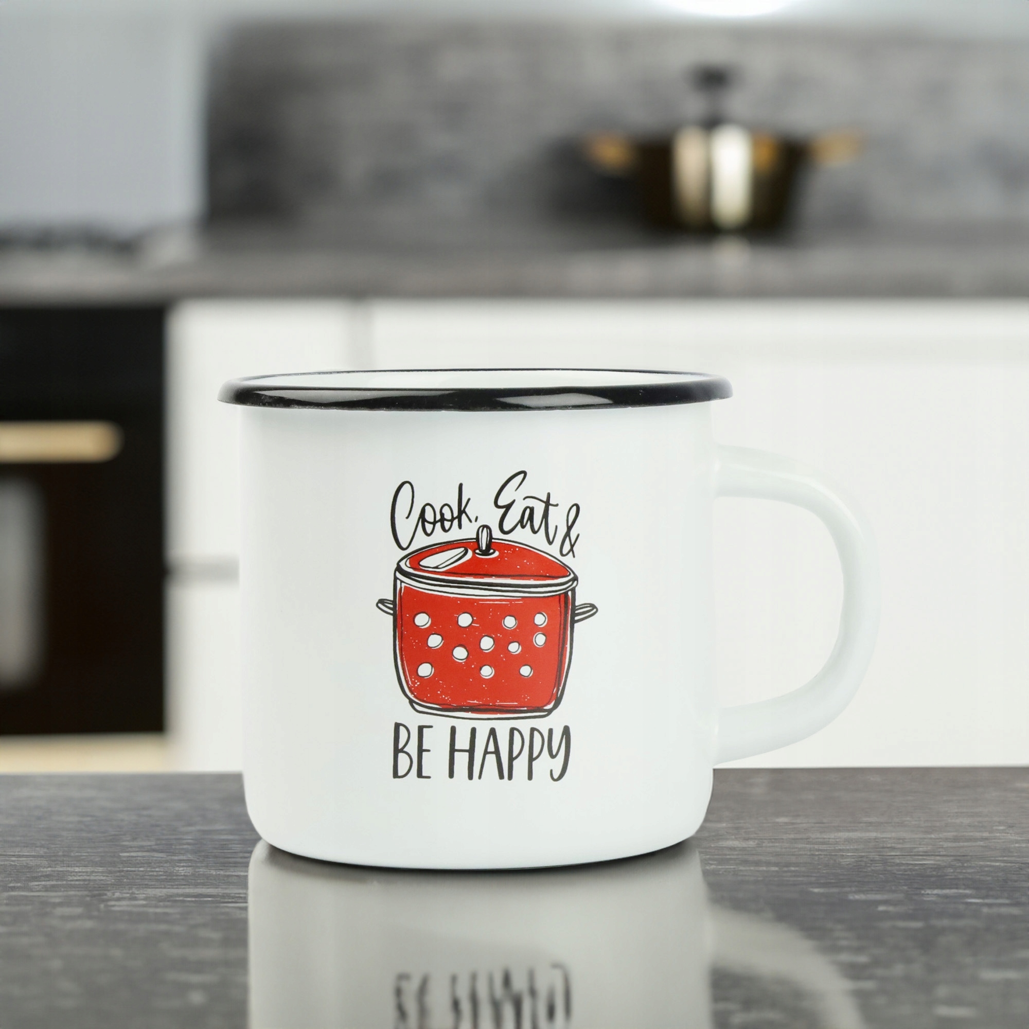 KUBEK EMALIOWANY PROSTY BE HAPPY 500 ML NA KAWĘ HERBATĘ CZEKOLADĘ SOLIDNY