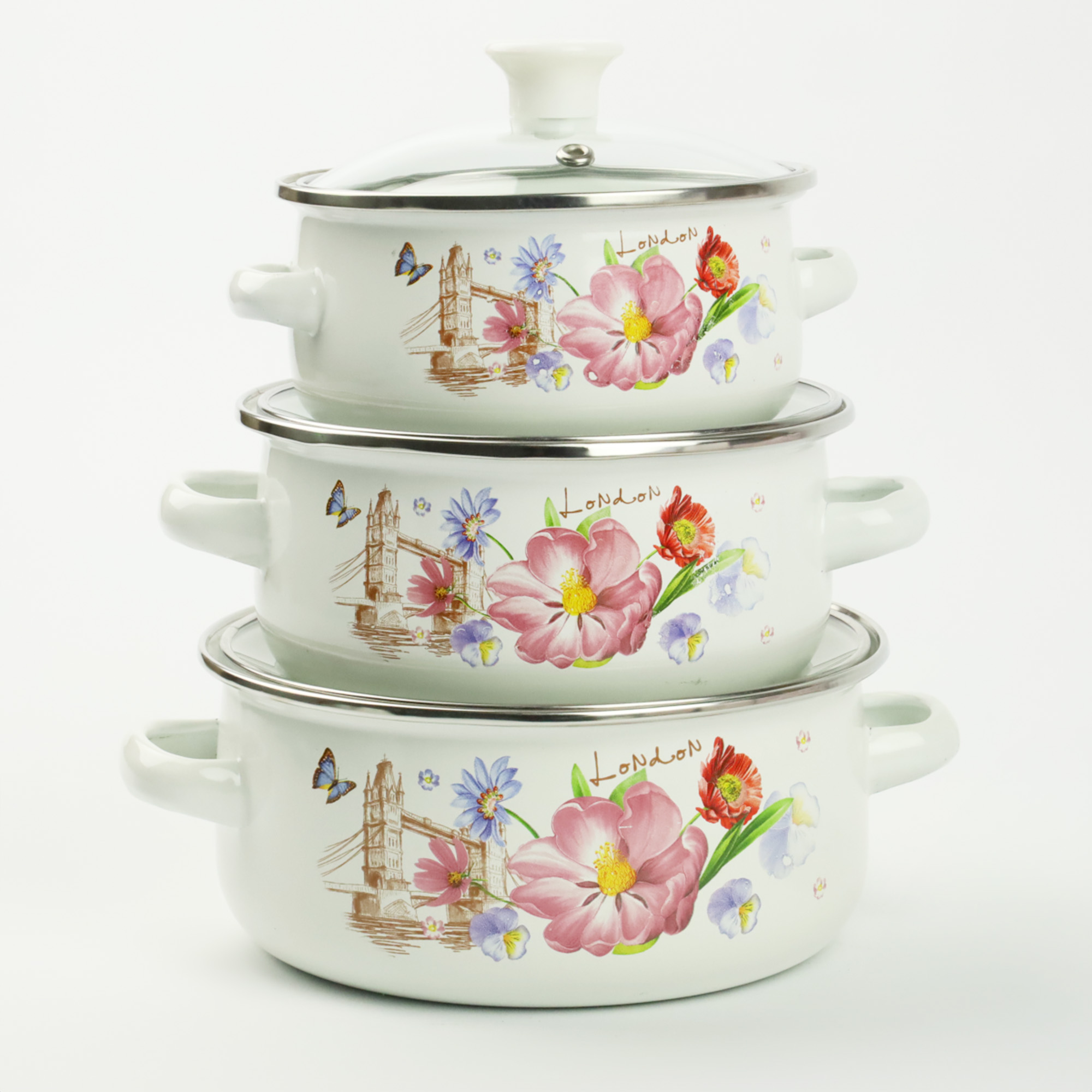 ZESTAW MAŁYCH GARNKÓW 0,7/1,2/1,7L EMALIOWANE WZÓR KWIATY GAZ INDUKCJA