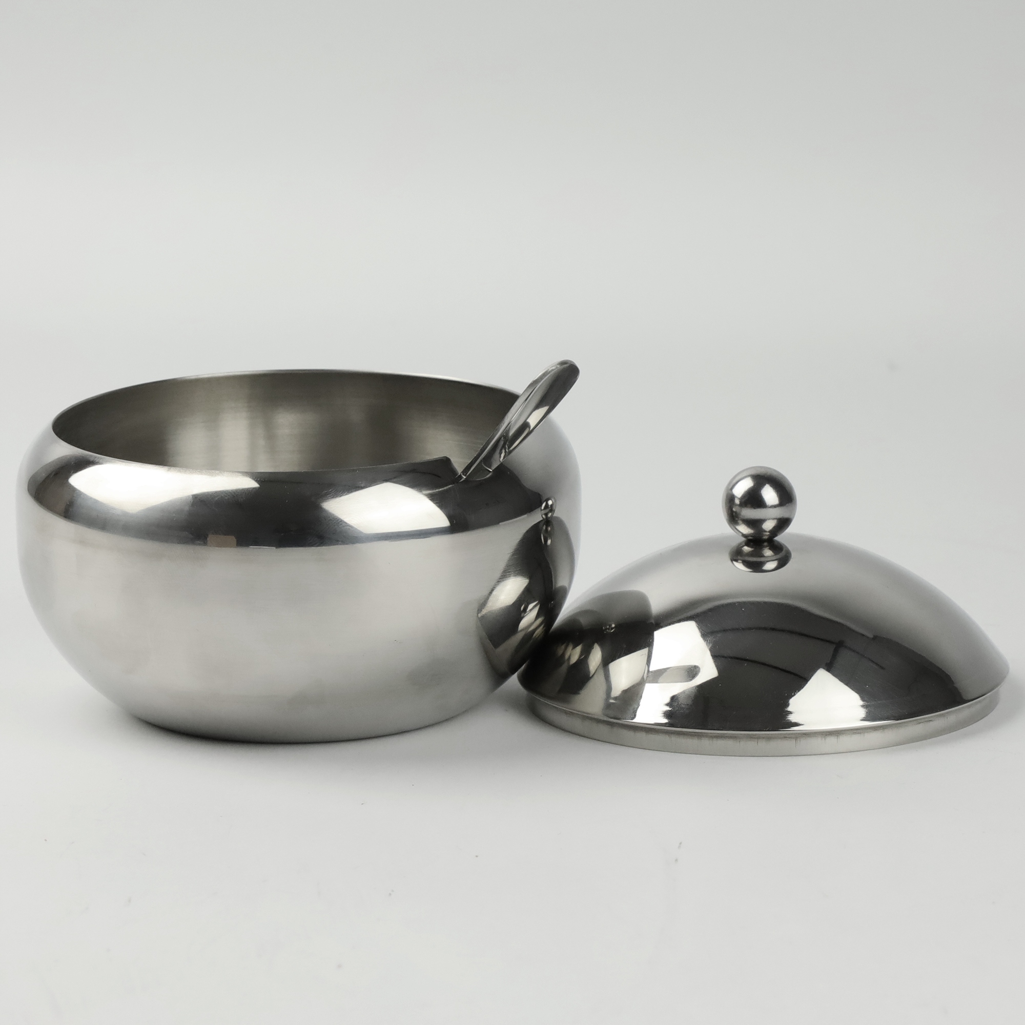 CUKIERNICA Z ŁYŻECZKĄ OKRĄGŁA STALOWA CUKIERNICZKA POJEMNIK NA CUKIER