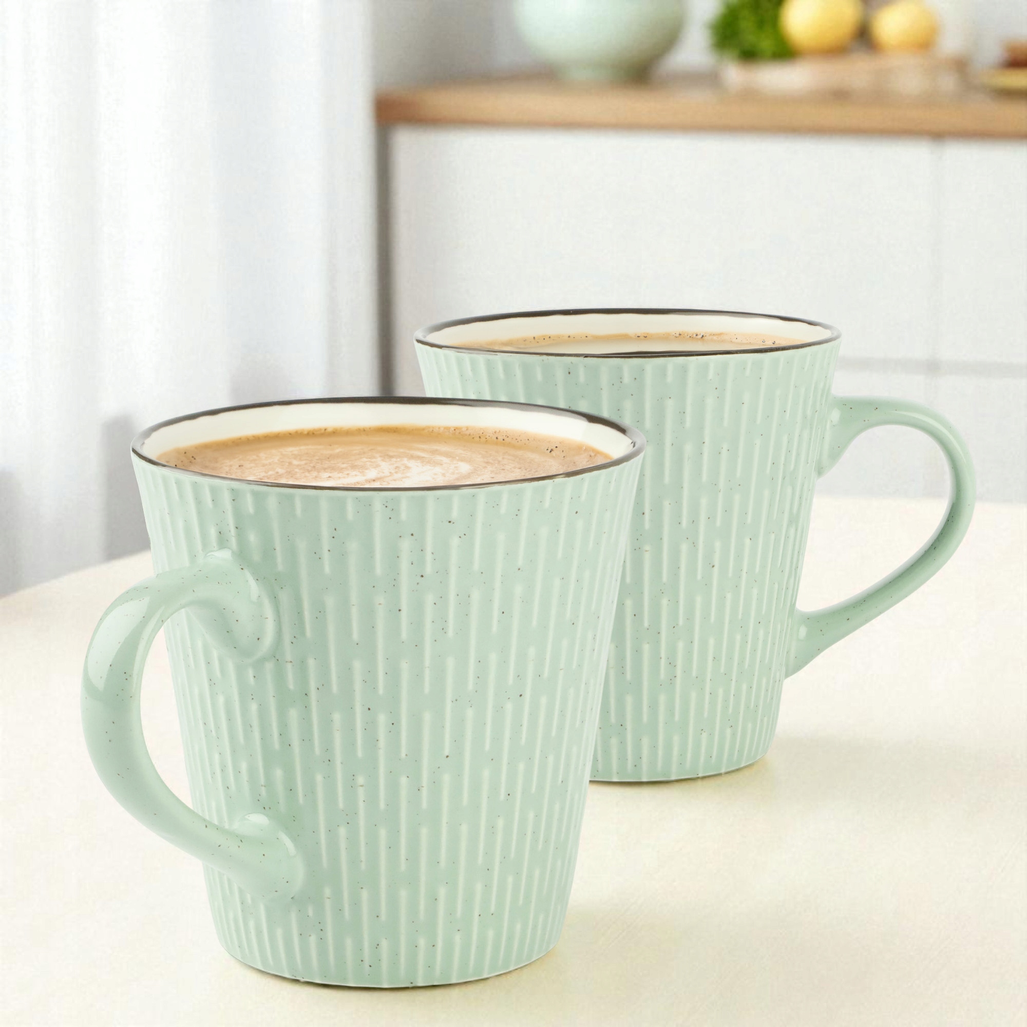 CERAMICZNY KUBEK NA KAWĘ HERBATĘ MIĘTOWY ZDOBIONY W WZÓR KRESKI 340 ML