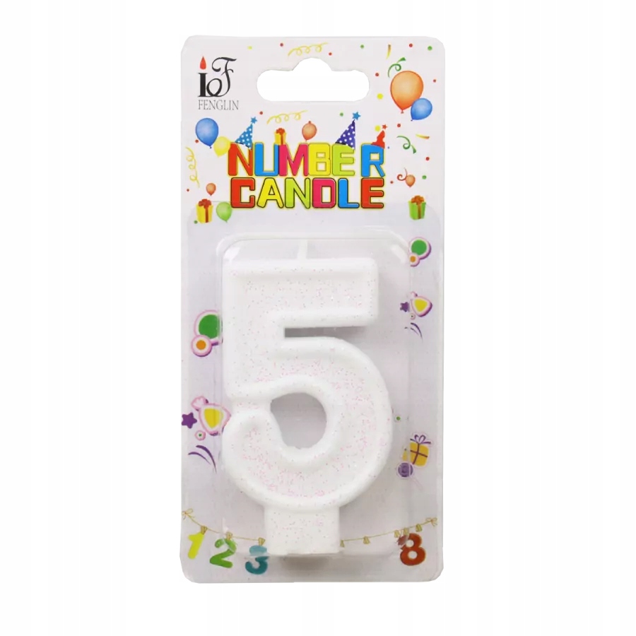 ŚWIECZKA URODZINOWA LICZBA 5 PIĘĆ BIAŁA BROKATOWA NA TORT CYFRA PIĄTKA