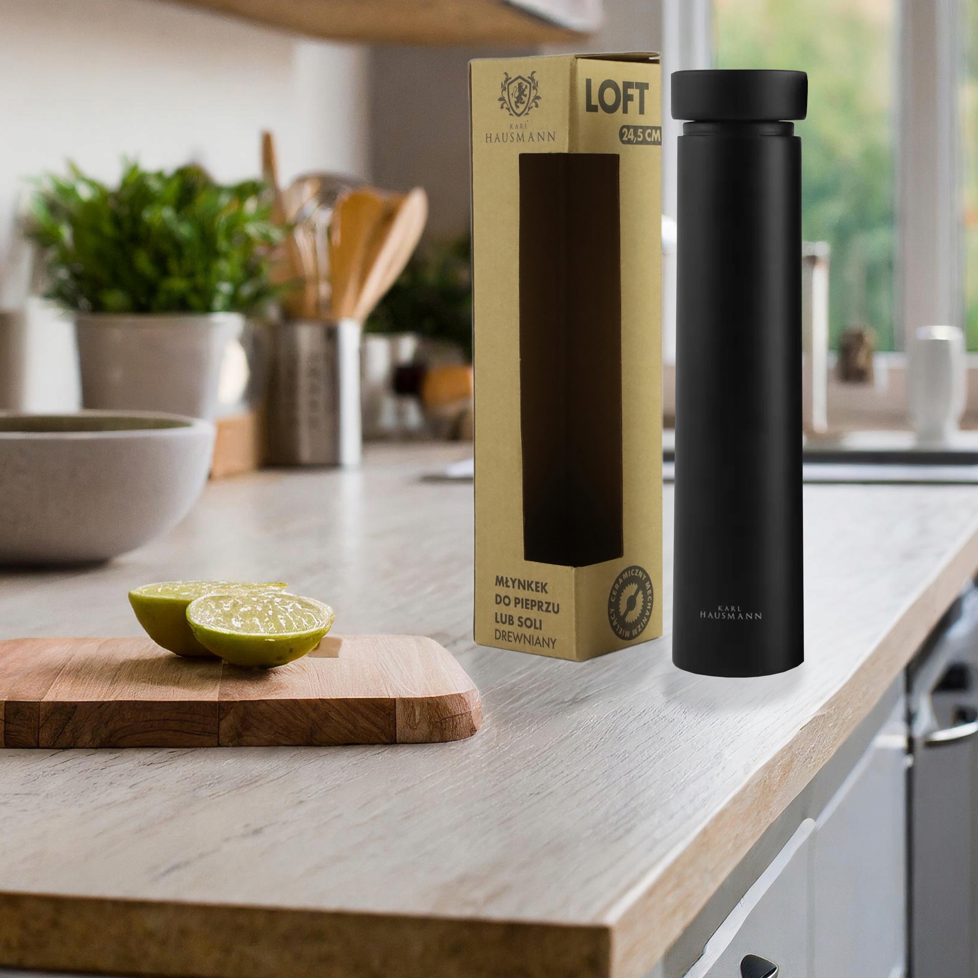 RĘCZNY MŁYNEK DO MIELENIA SOLI PIEPRZU PRZYPRAW CZARNY DREWNIANY 24,5 CM