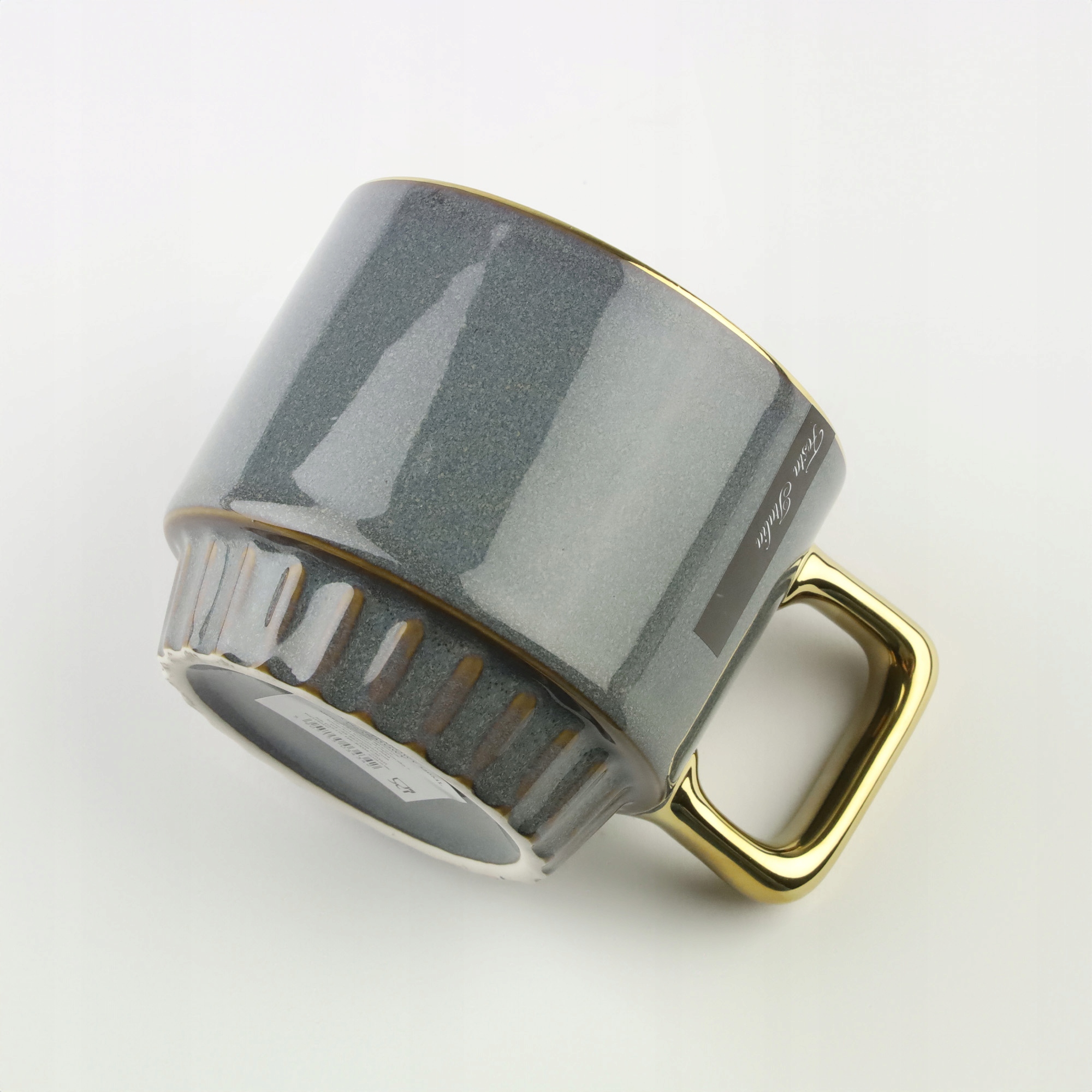 CERAMICZNY KUBEK NA KAWĘ HERBATĘ GRANATOWY ZDOBIONY ZE ZŁOTYM UCHEM 320ML