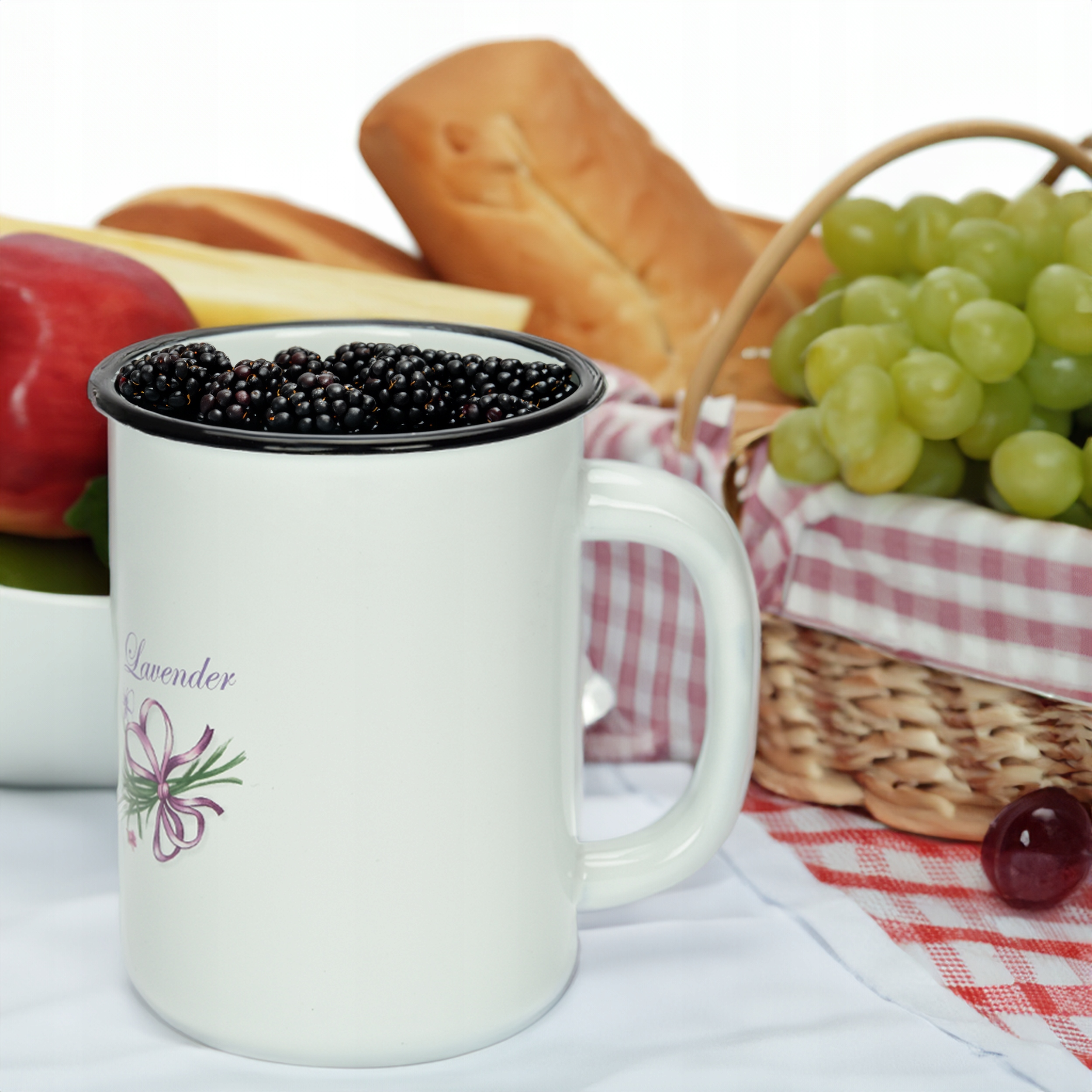 KUBEK GŁADKI EMALIOWANY 1,5L WZÓR LAWENDA SOLIDNY NA NAPOJE MLEKO KOMPOT