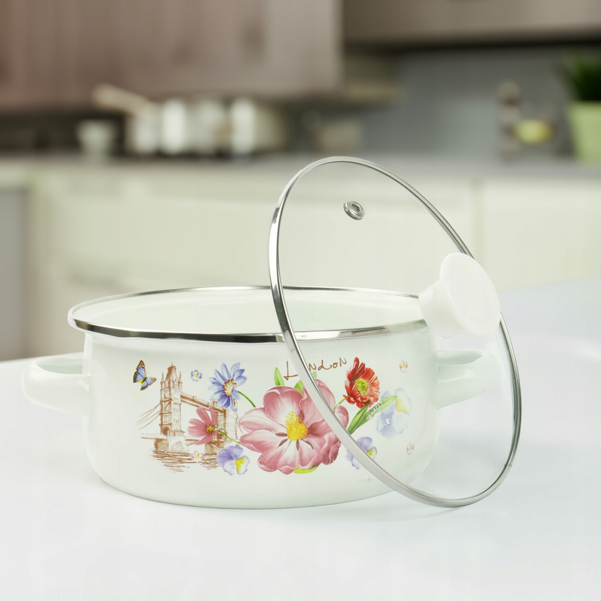 ZESTAW MAŁYCH GARNKÓW 0,7/1,2/1,7L EMALIOWANE WZÓR KWIATY GAZ INDUKCJA