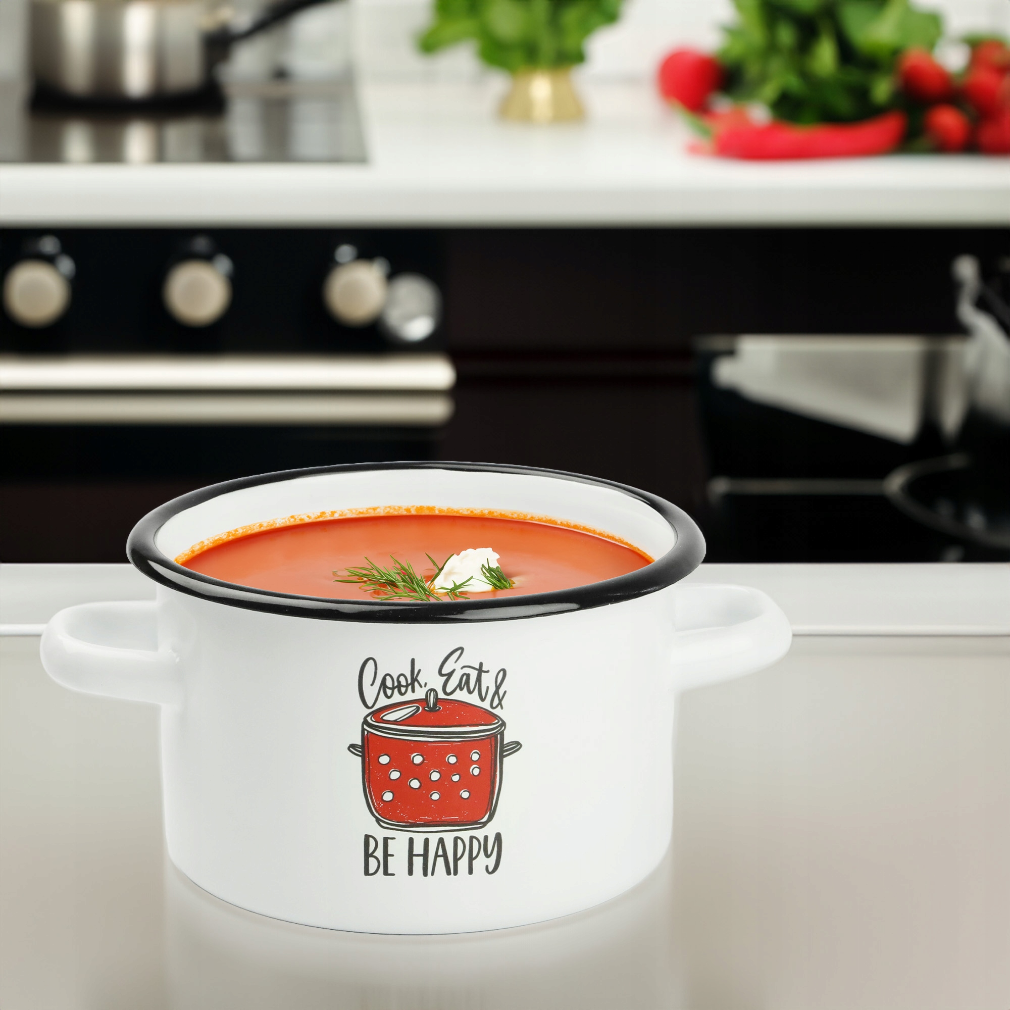 GARNEK TRADYCYJNY EMALIOWANY 3L BIAŁY PROSTY GAZ INDUKCJA WZÓR BE HAPPY