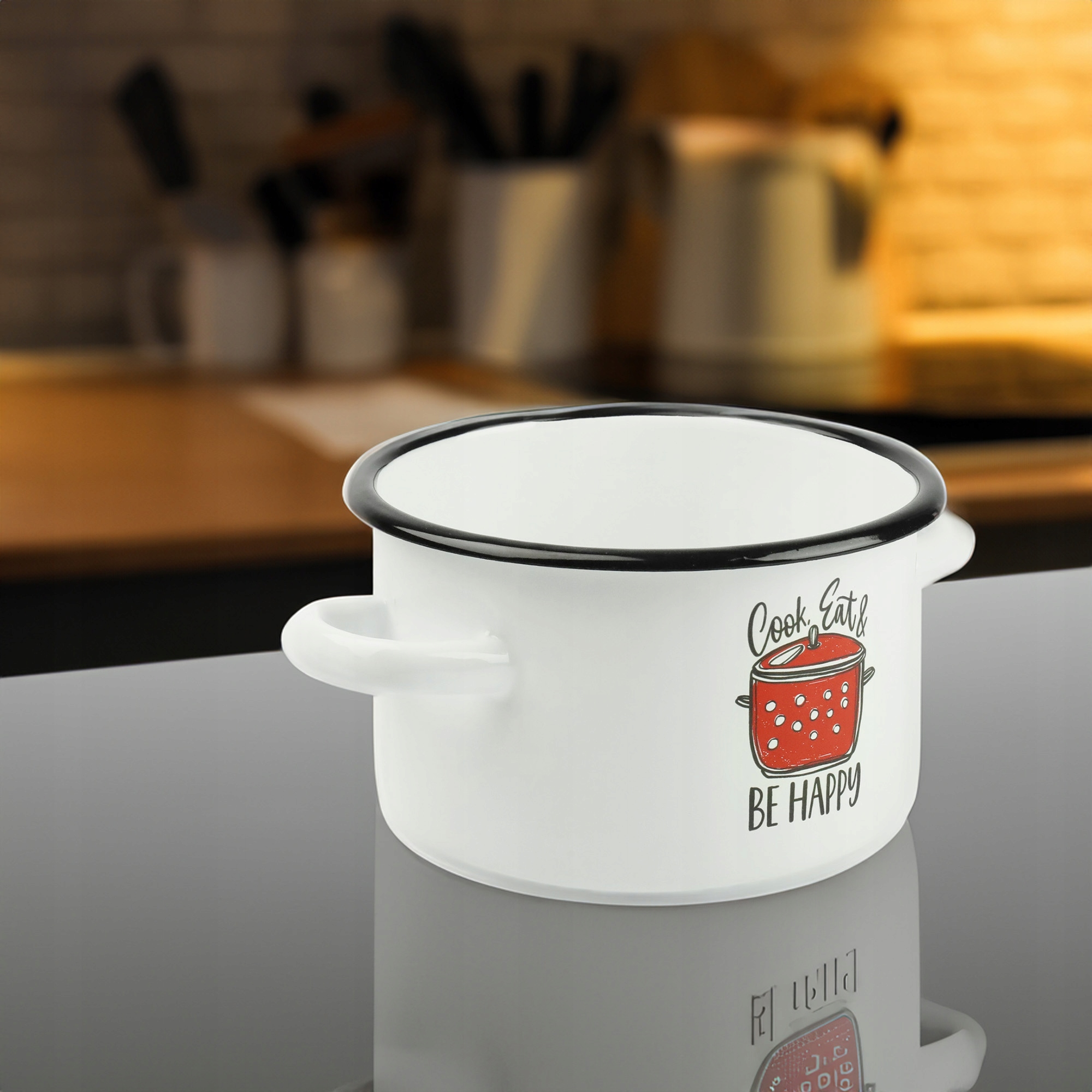 GARNEK TRADYCYJNY EMALIOWANY 3L BIAŁY PROSTY GAZ INDUKCJA WZÓR BE HAPPY