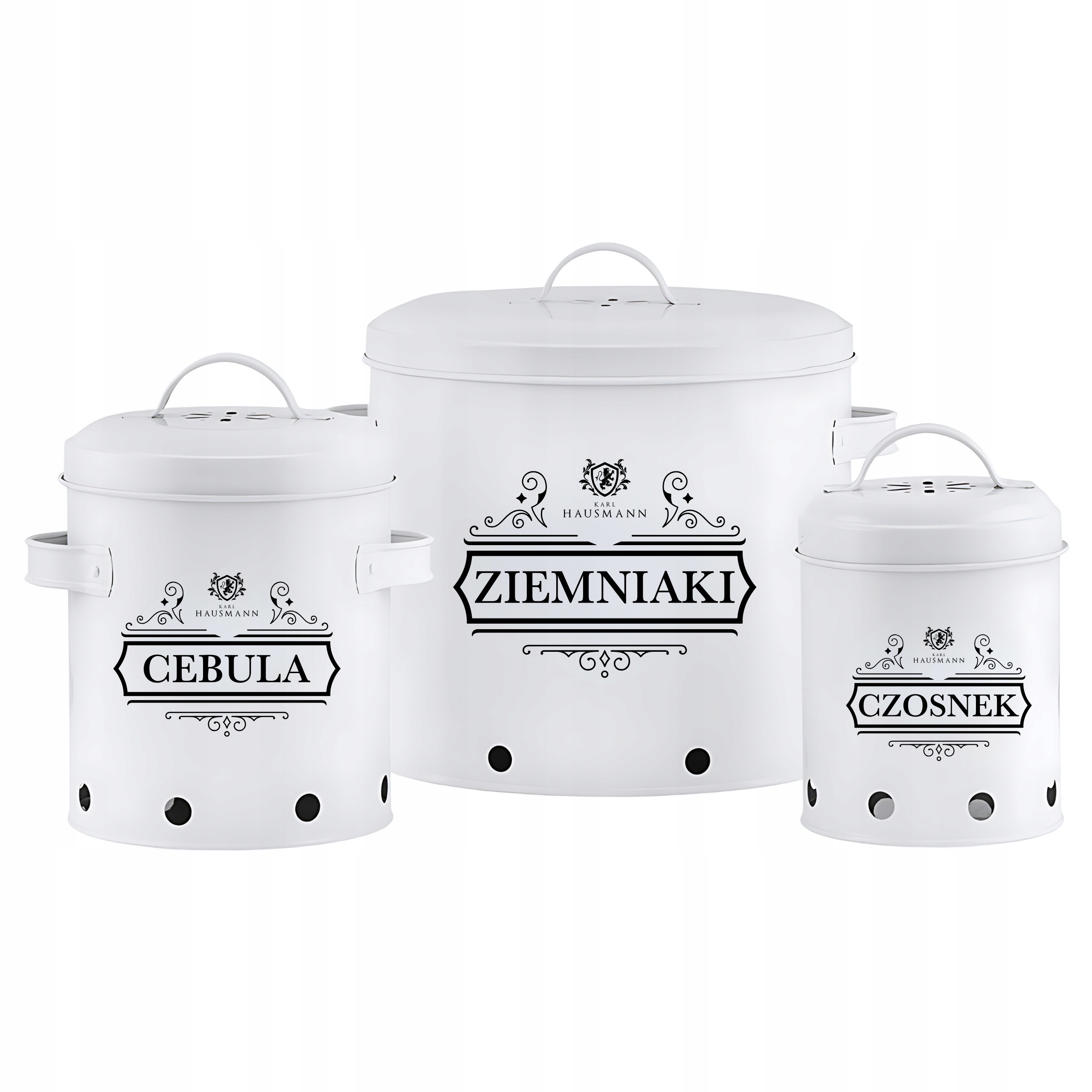 KOMPLET 3 POJEMNIKI METALOWE NA PRZECHOWYWANIE CEBULI CZOSNKU ZIEMNIAKÓW