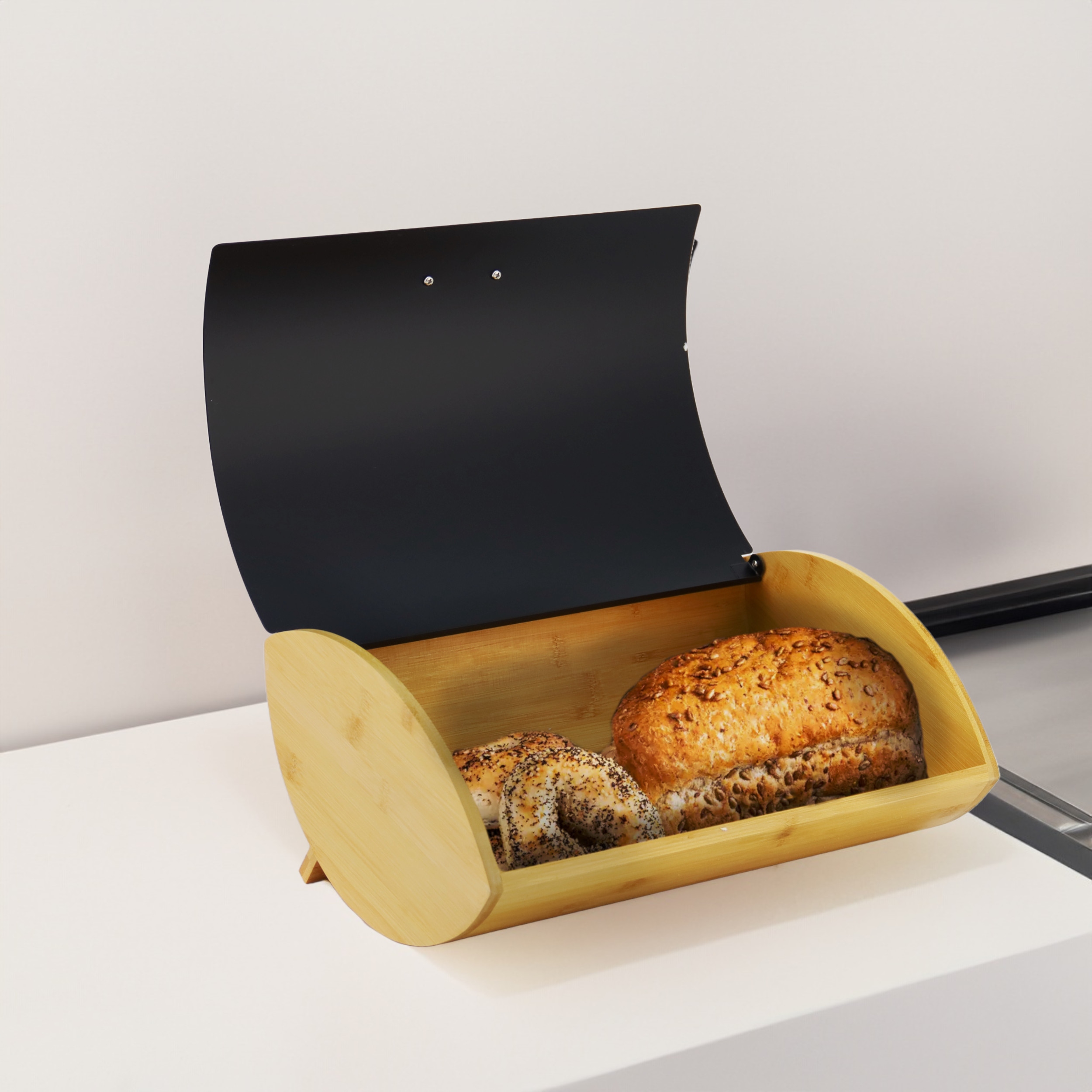 Chlebak pojemnik na pieczywo na chleb bułki stalowy bambusowy czarny